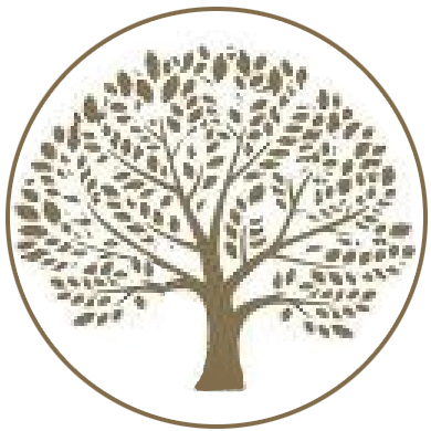 Brown tree with leaves inside a brown-bordered white circle.
