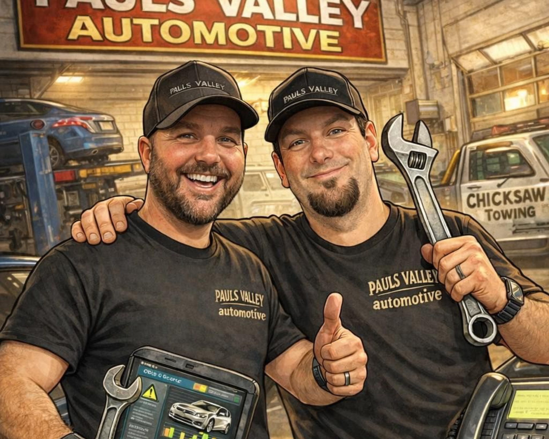 Dustin and Josh Cartoon | Pauls Valley Automotive