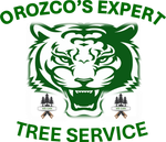 The logo for orozco 's expert tree service shows a tiger 's head with its mouth open.