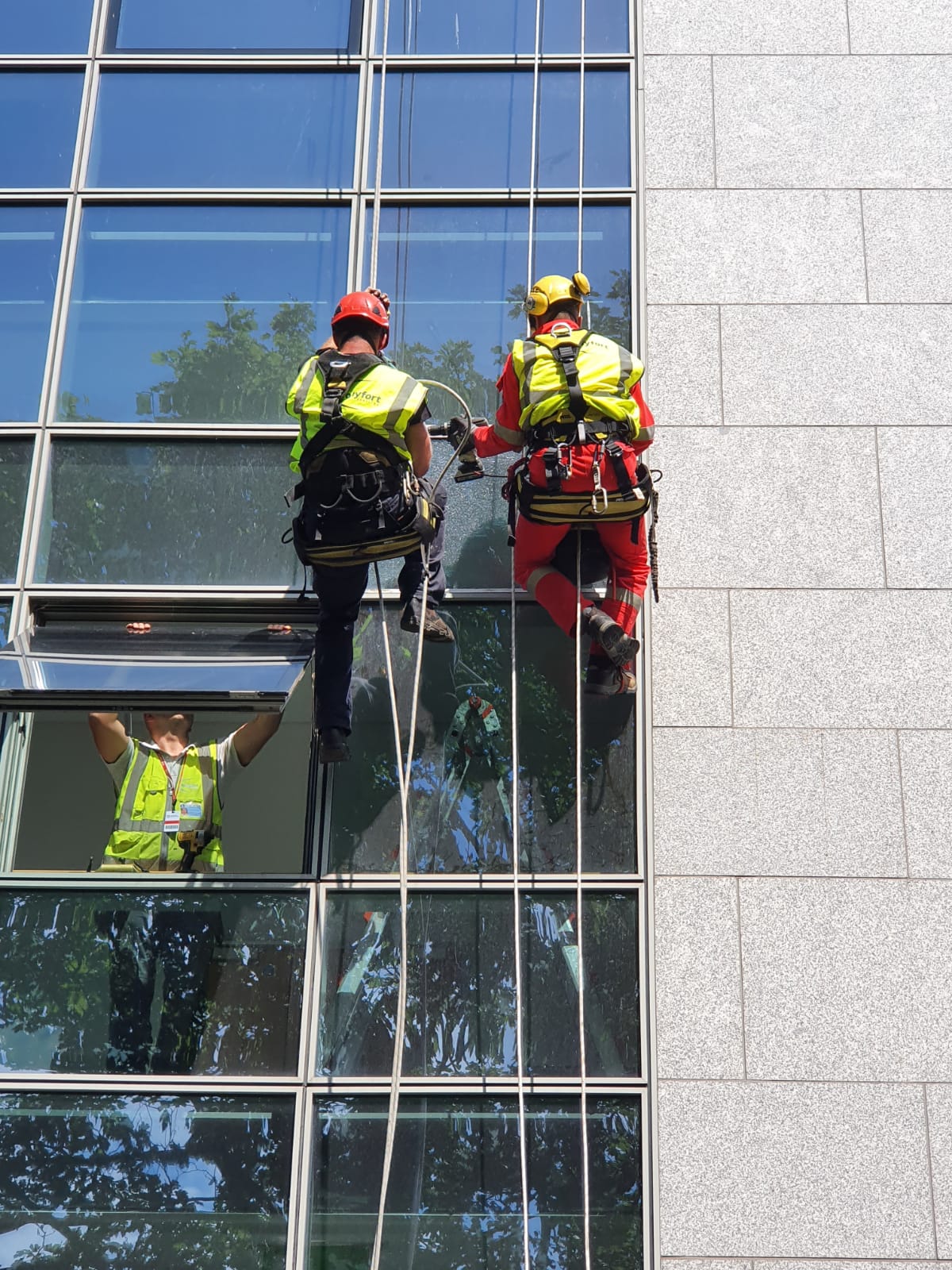 Two men are cleaning the windows of a tall building.