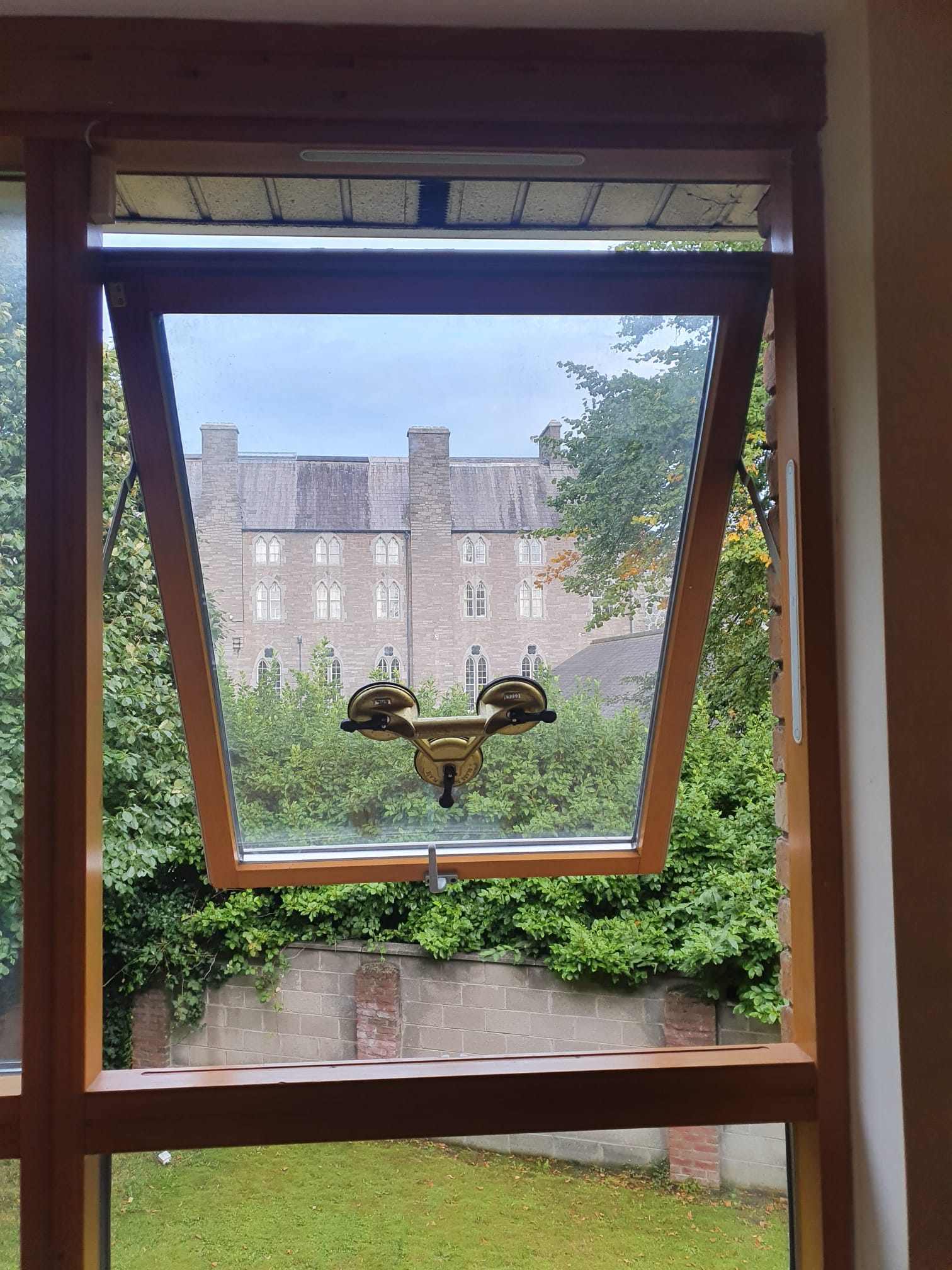A window with a view of a castle in the background.