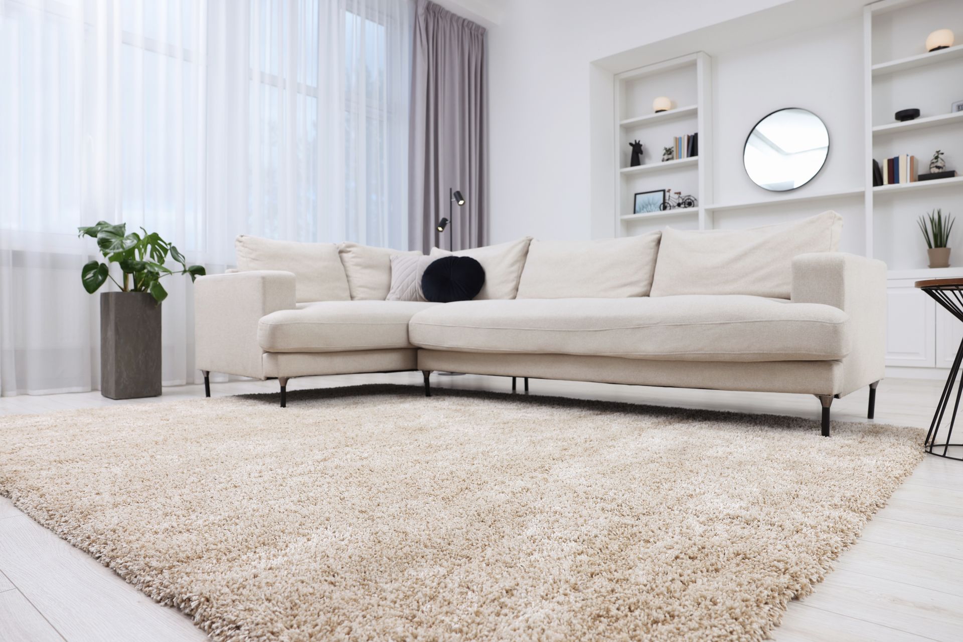 A Living Room With a White Couch and a White Rug