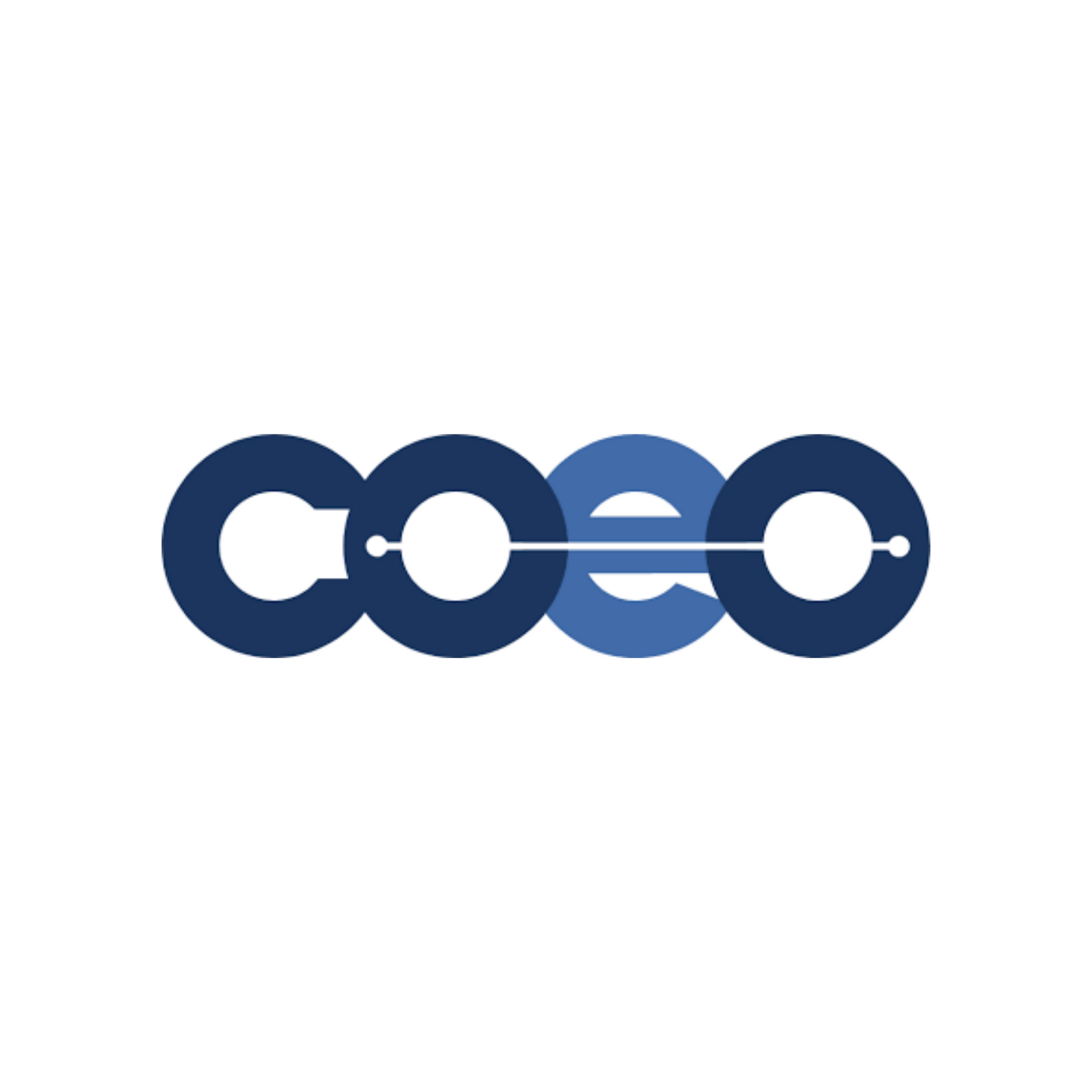 Blue and navy abstract logo with four linked circular shapes on a white background