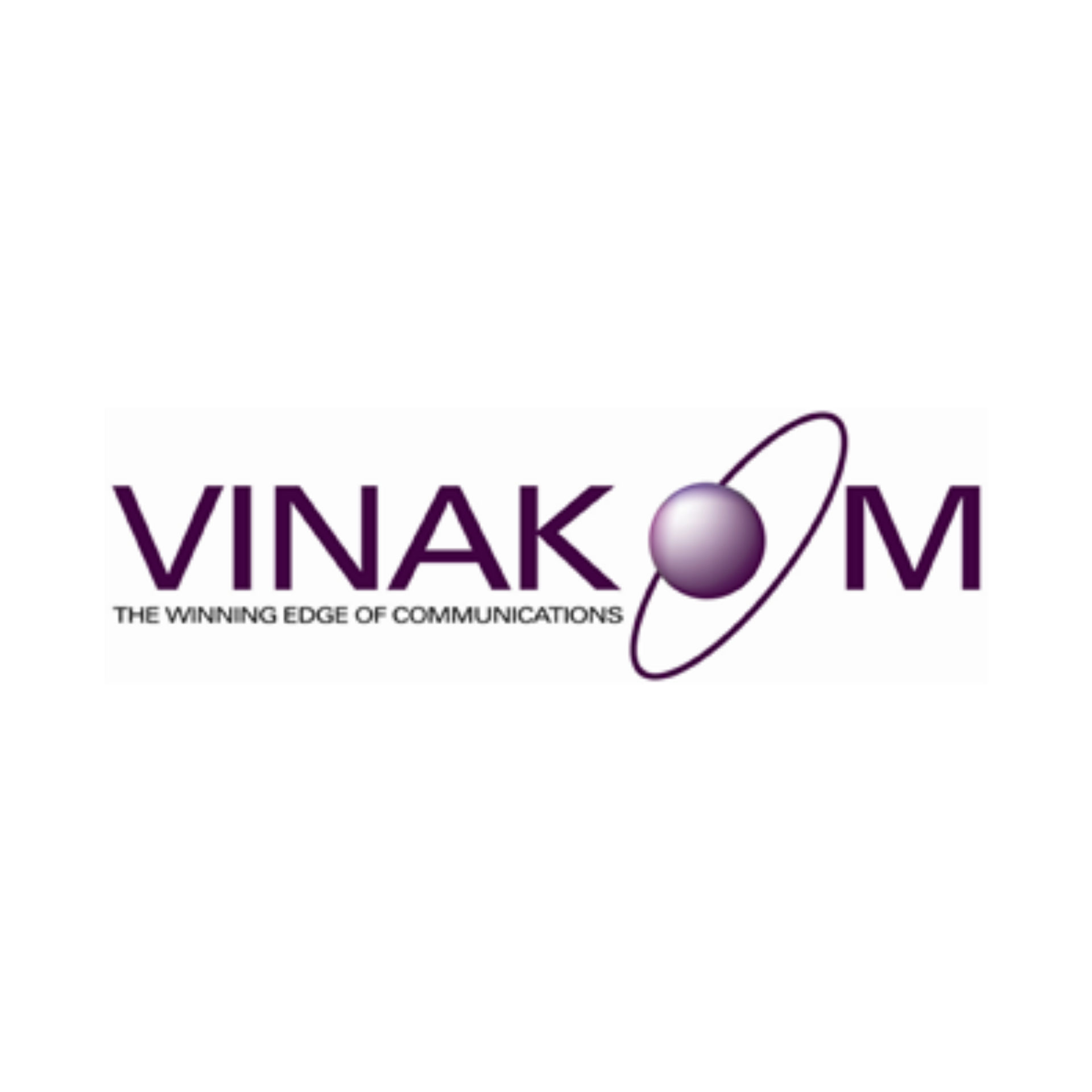 VINAKOM purple logo with orb and tagline “The Winning Edge of Communications”