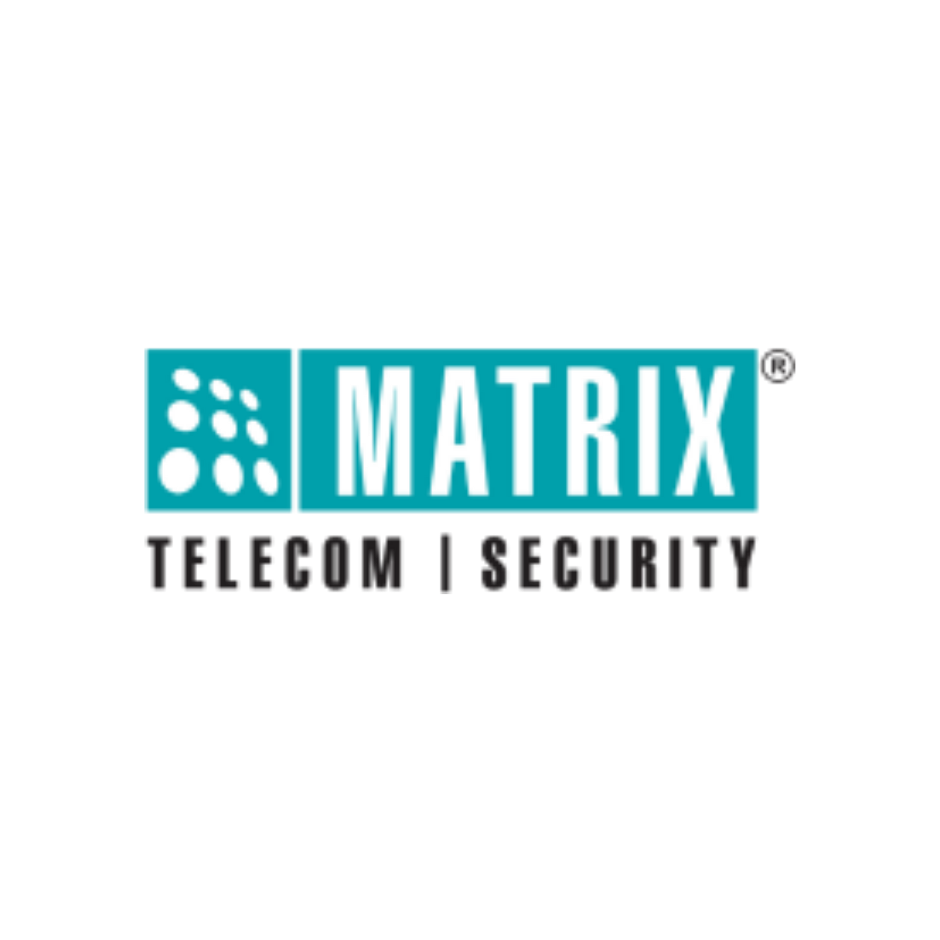 Matrix Telecom Security logo in teal and black with stylized dots icon.