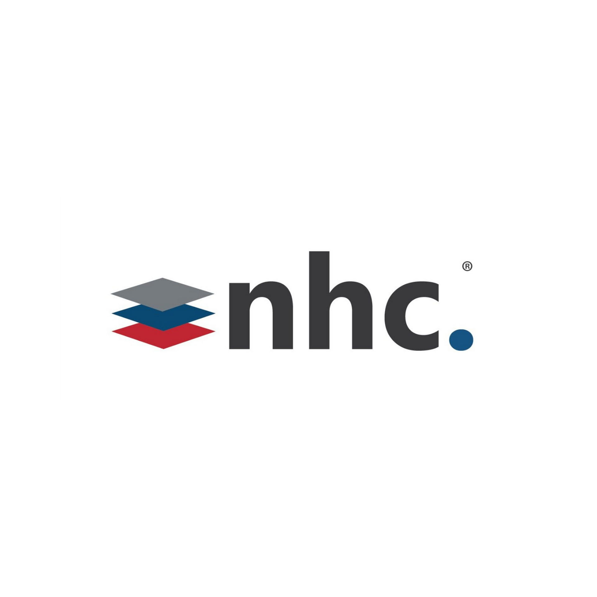 NHC logo with stacked red, blue, and gray layers beside black lowercase letters and a blue dot.