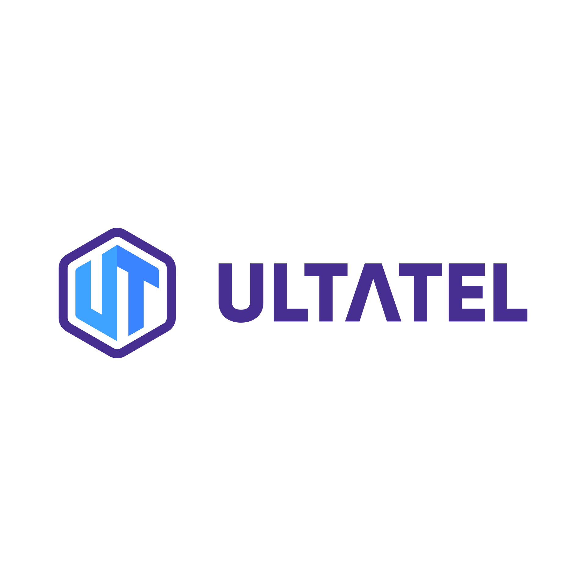 ULTATEL logo with purple and blue hexagon icon on a white background