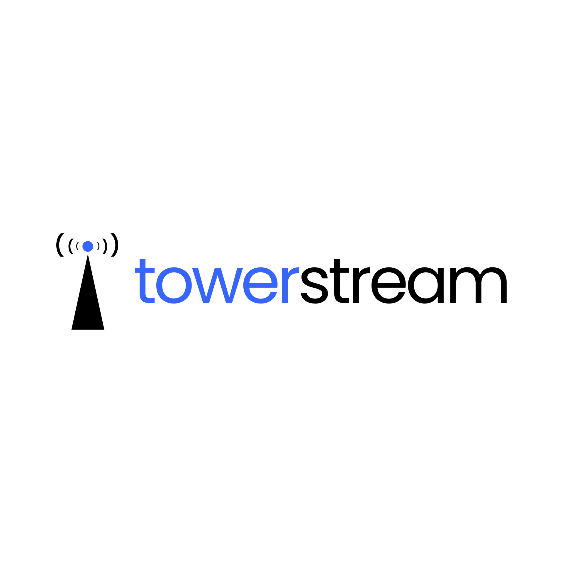 Towerstream logo with a black antenna icon and blue-and-black text on a white background