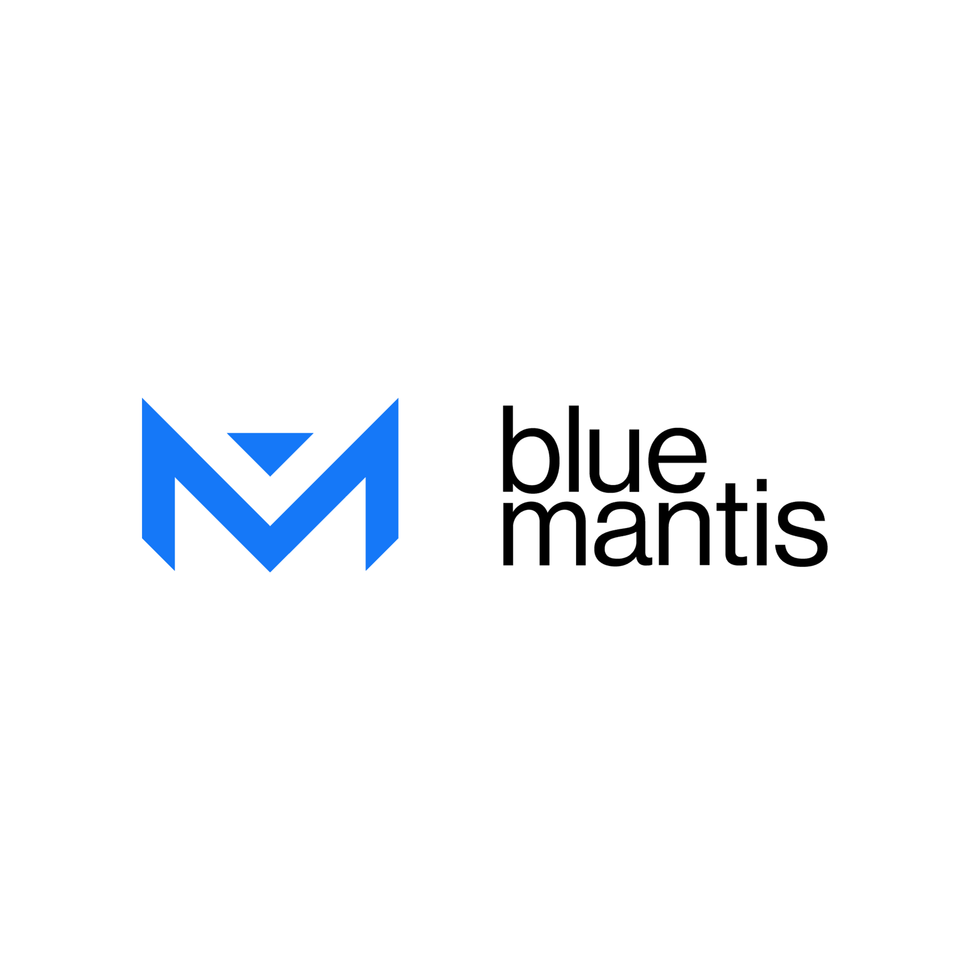 Blue Mantis logo with a blue geometric M icon and black text on a white background