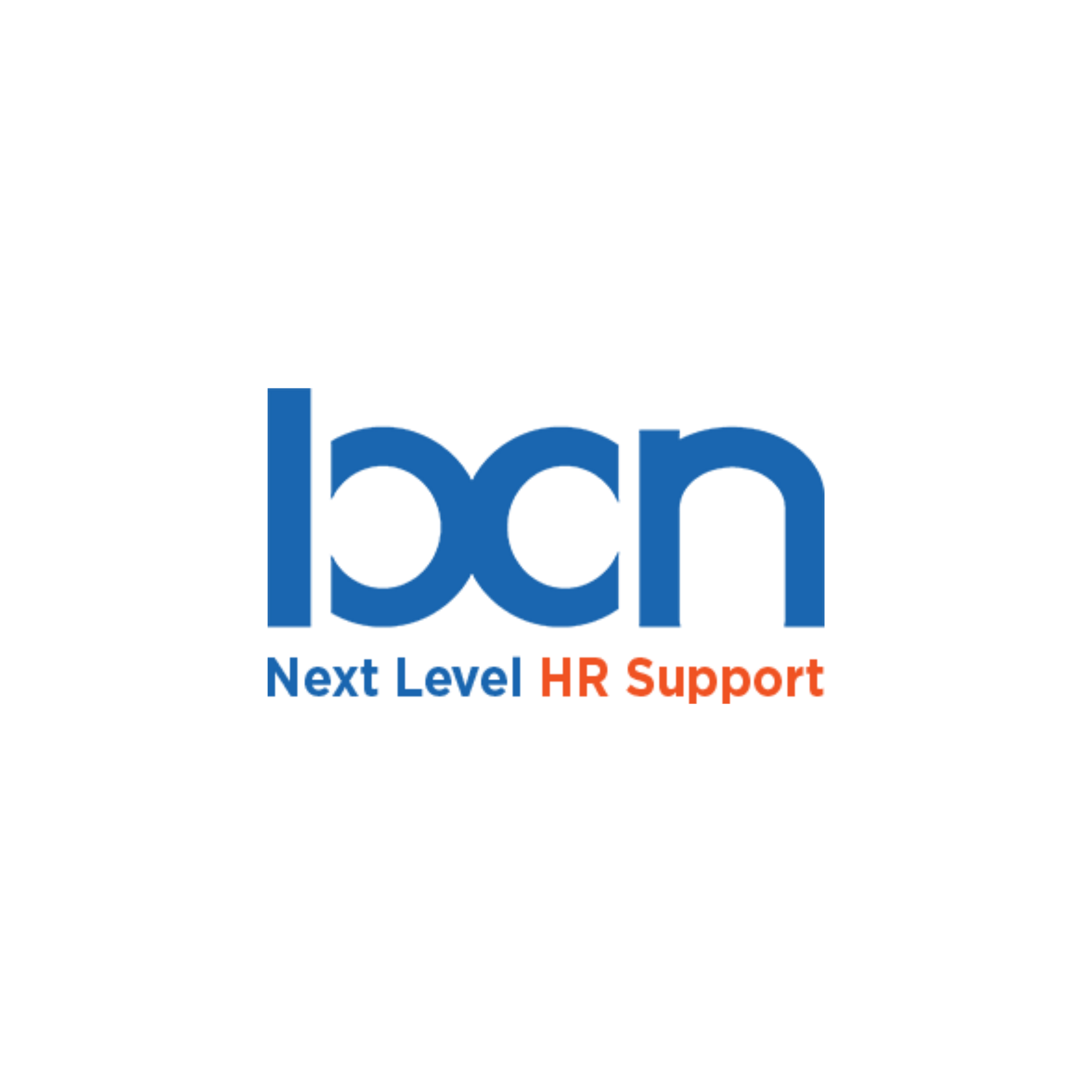 Bcn logo in blue with orange tagline “Next Level HR Support”