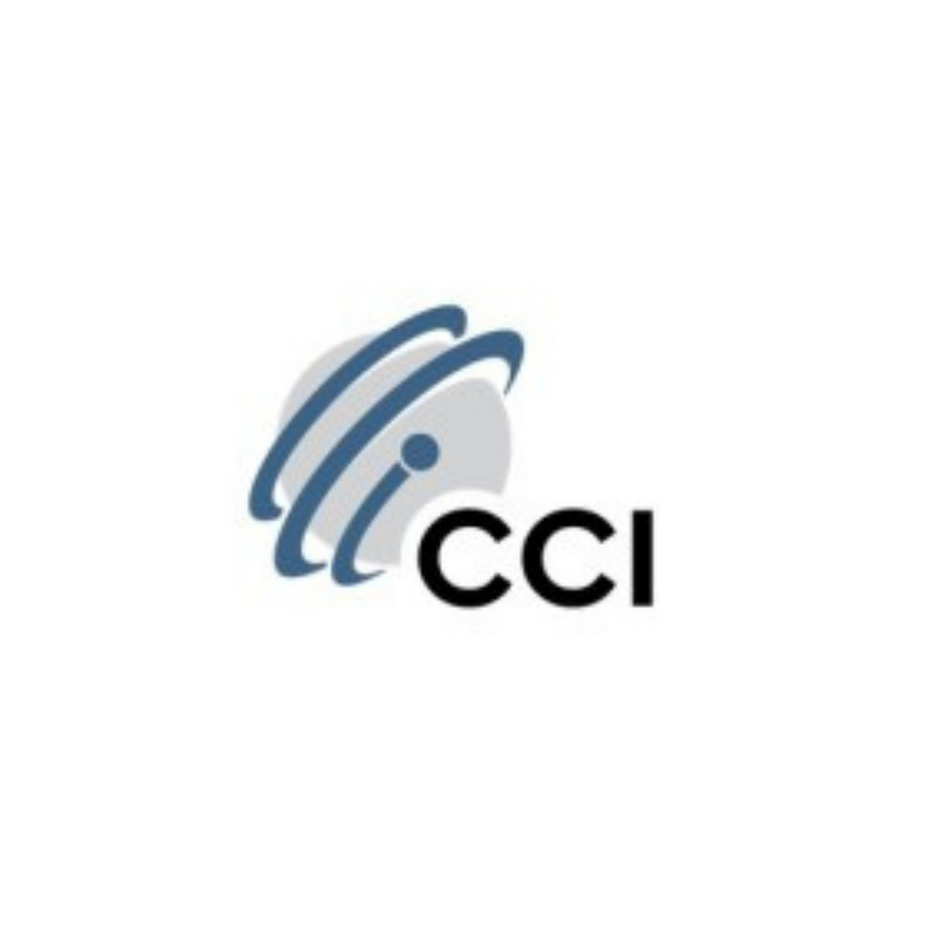 CCI logo with blue curved lines over a gray circle and black text