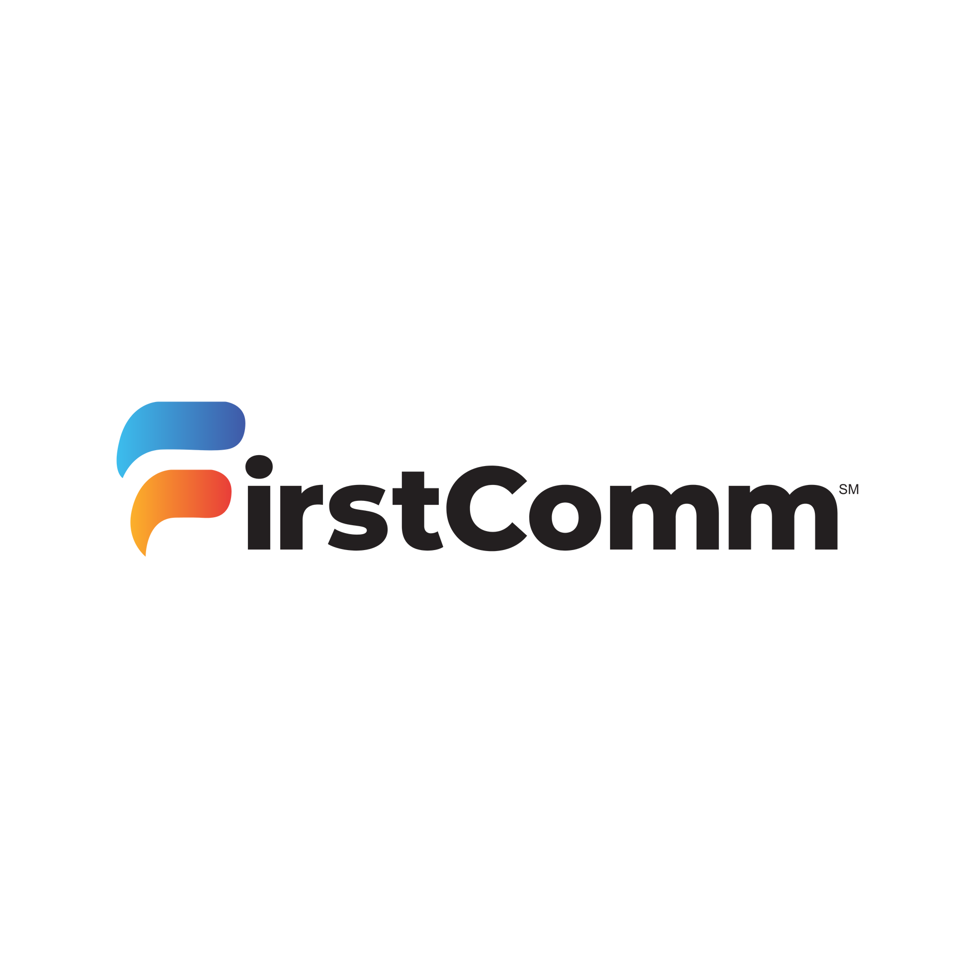FirstComm logo with blue and orange icon and dark gray wordmark on white background