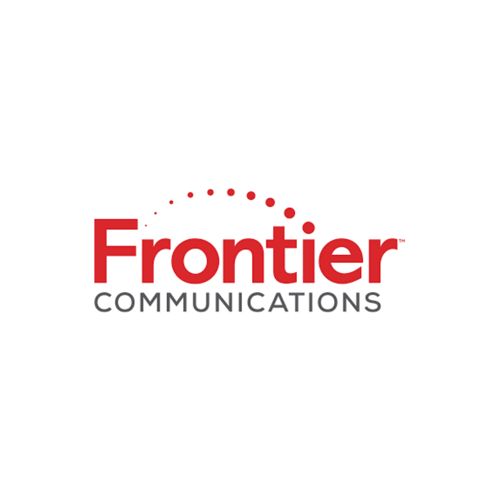 Frontier Communications logo in red and gray with dotted arc above the wordmark
