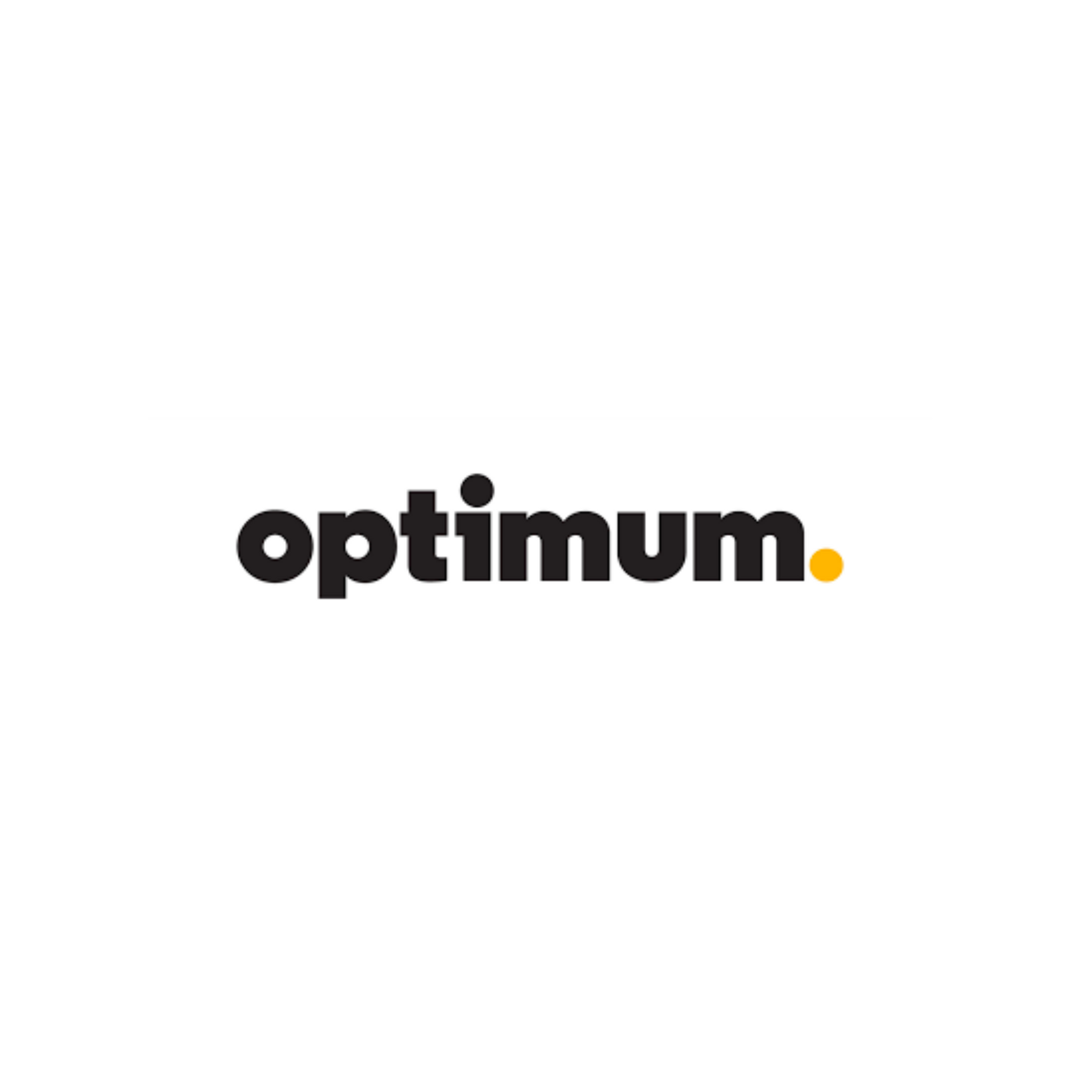 Optimum logo in black lowercase text with a yellow dot on a white background