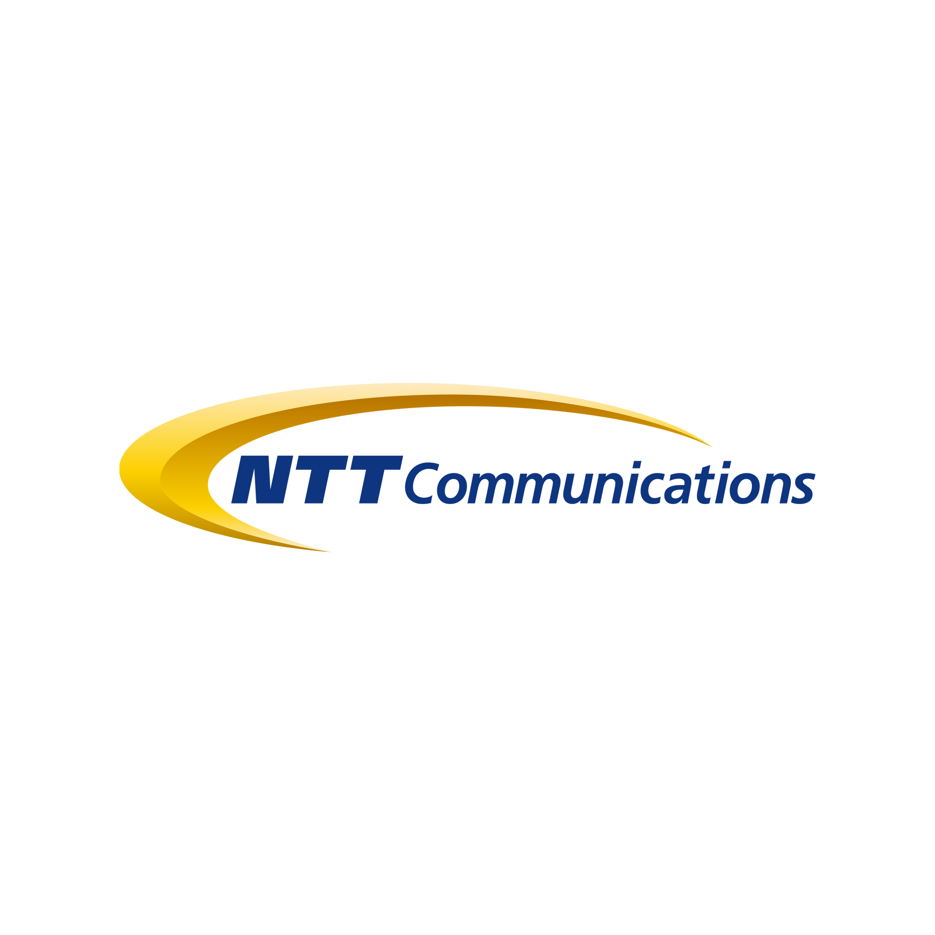 NTT Communications logo with blue text and a yellow swoosh on a white background