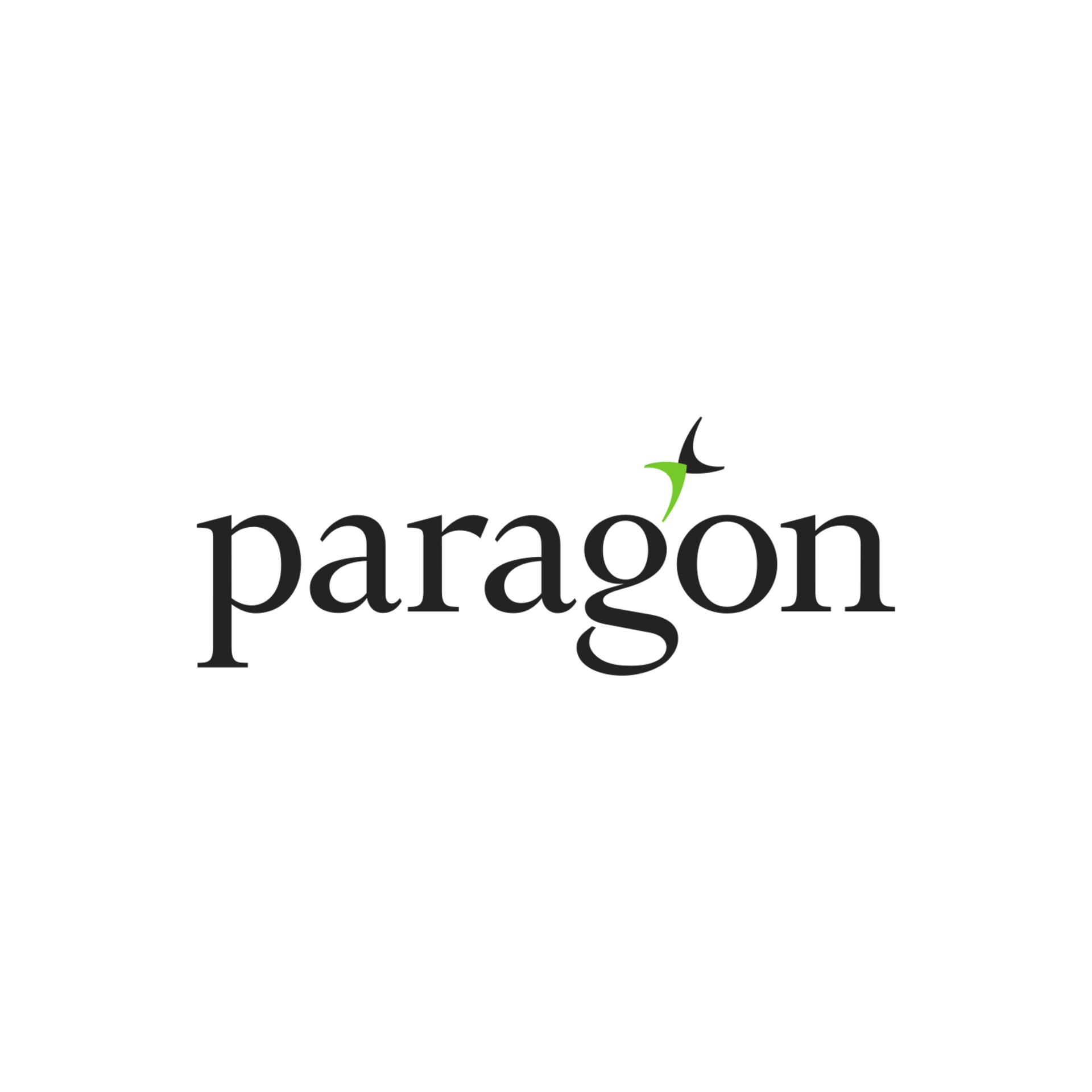 Paragon logo in black serif text with a small green accent above the g.
