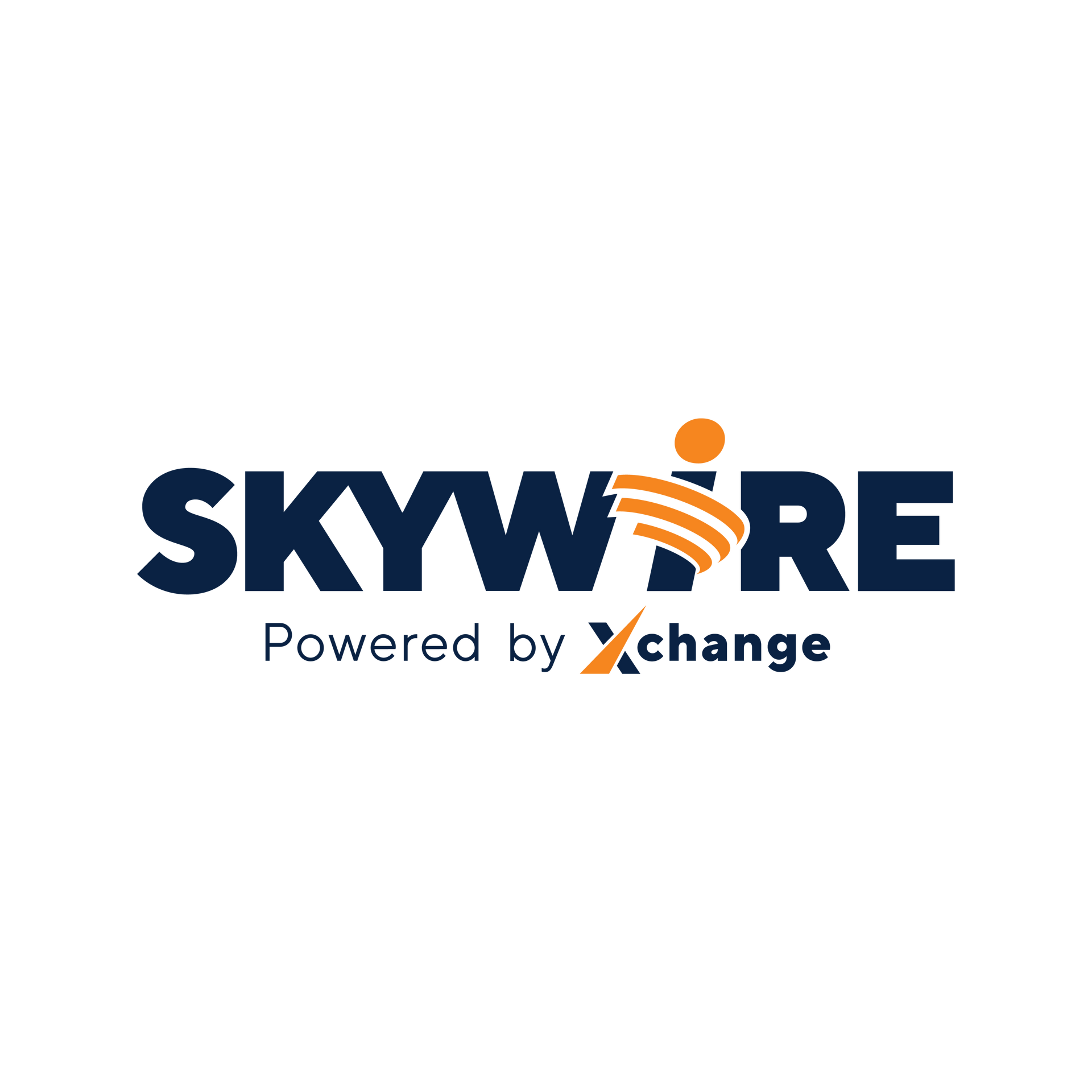 Skywire logo in navy and orange with “Powered by xchange” text underneath