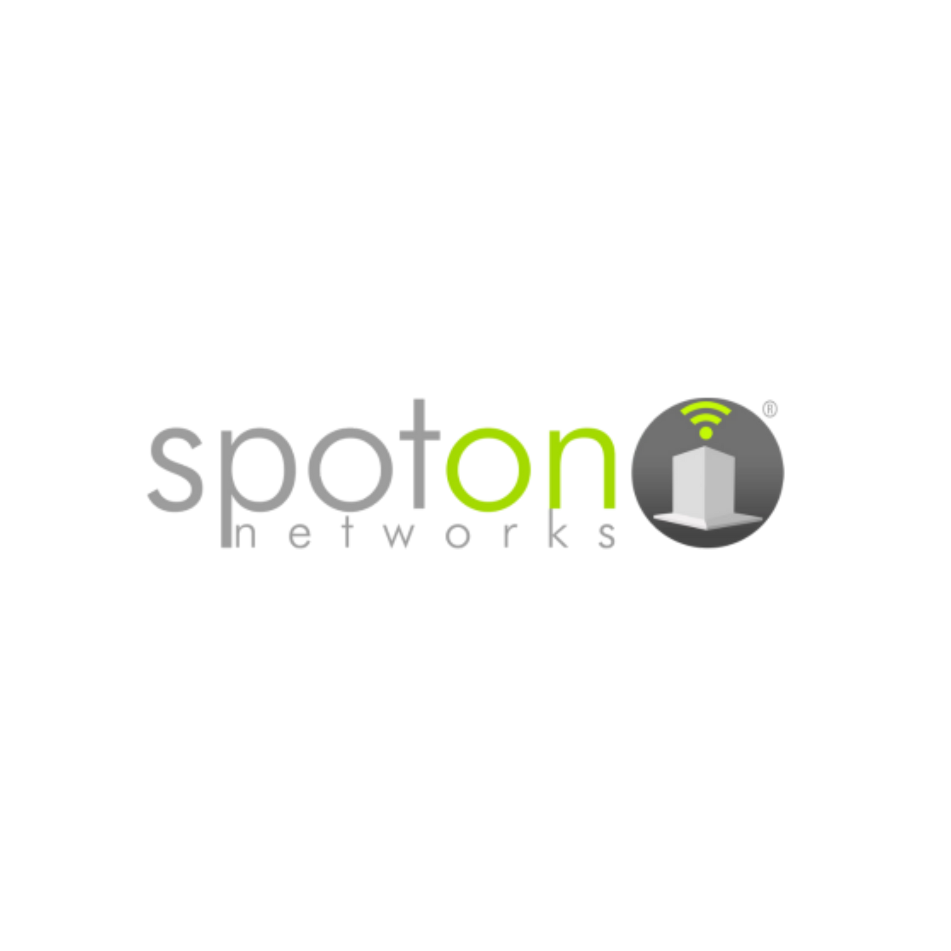 SpotOn Networks logo in gray and green with a wireless signal icon over a building