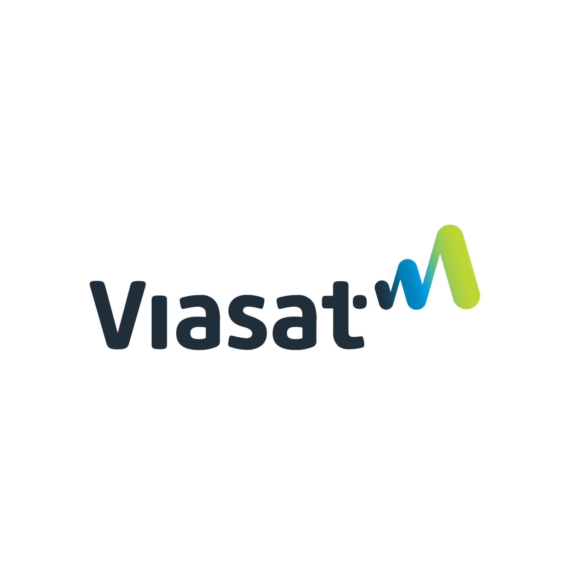 Viasat logo in dark blue with a green-blue gradient “M” on a white background