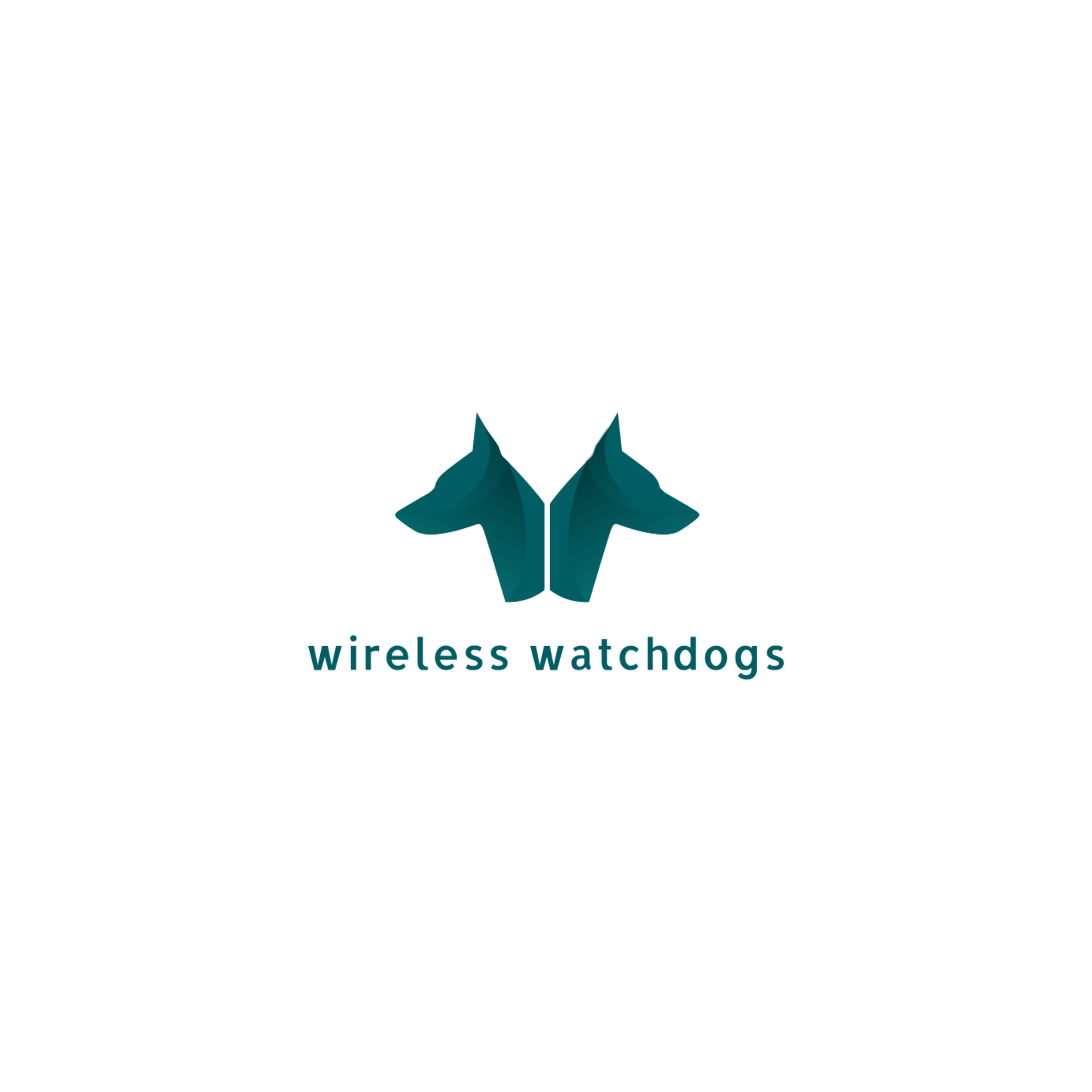 Teal logo of two dog heads facing outward with the text “wireless watchdogs” below