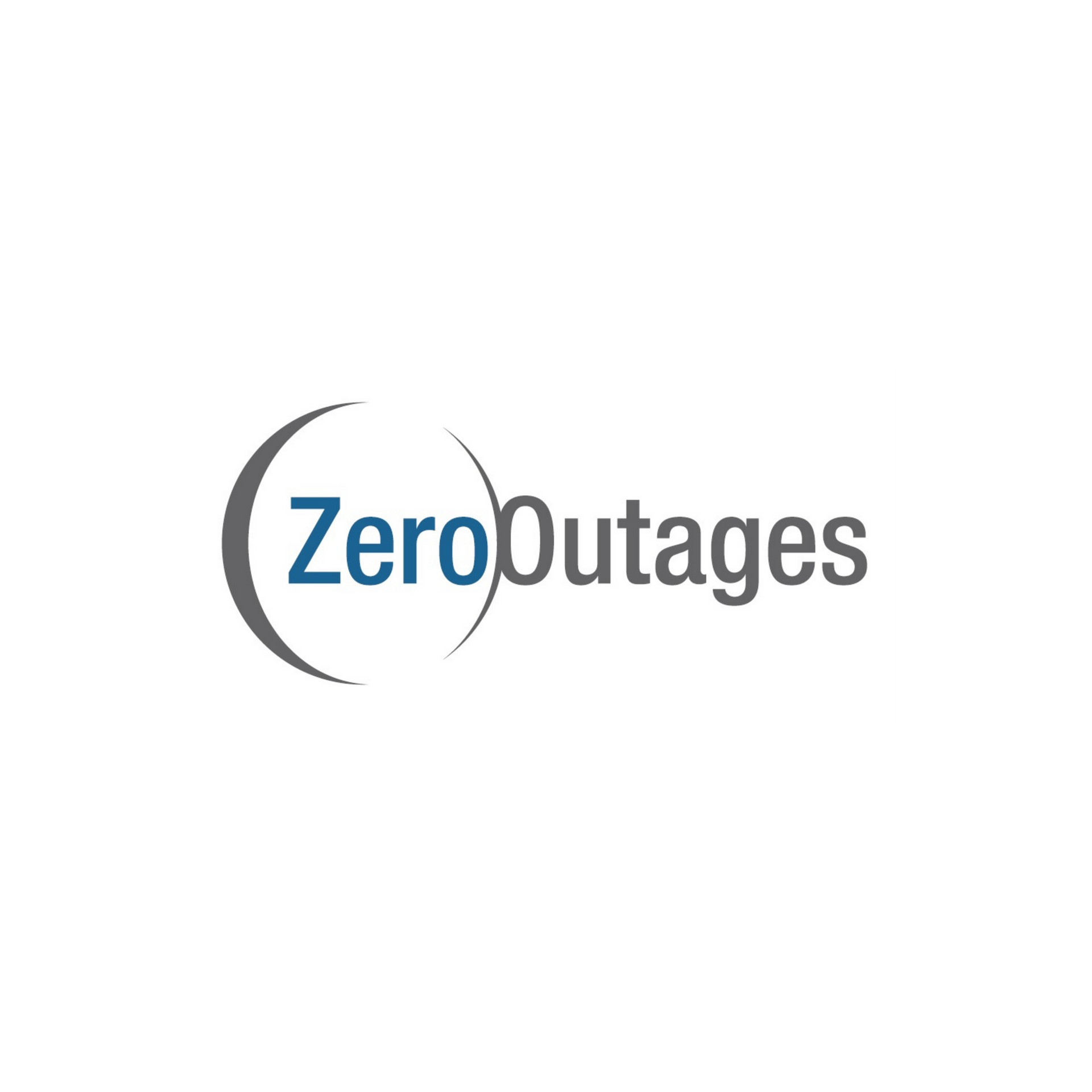ZeroOutages logo with blue and gray text and crescent graphic