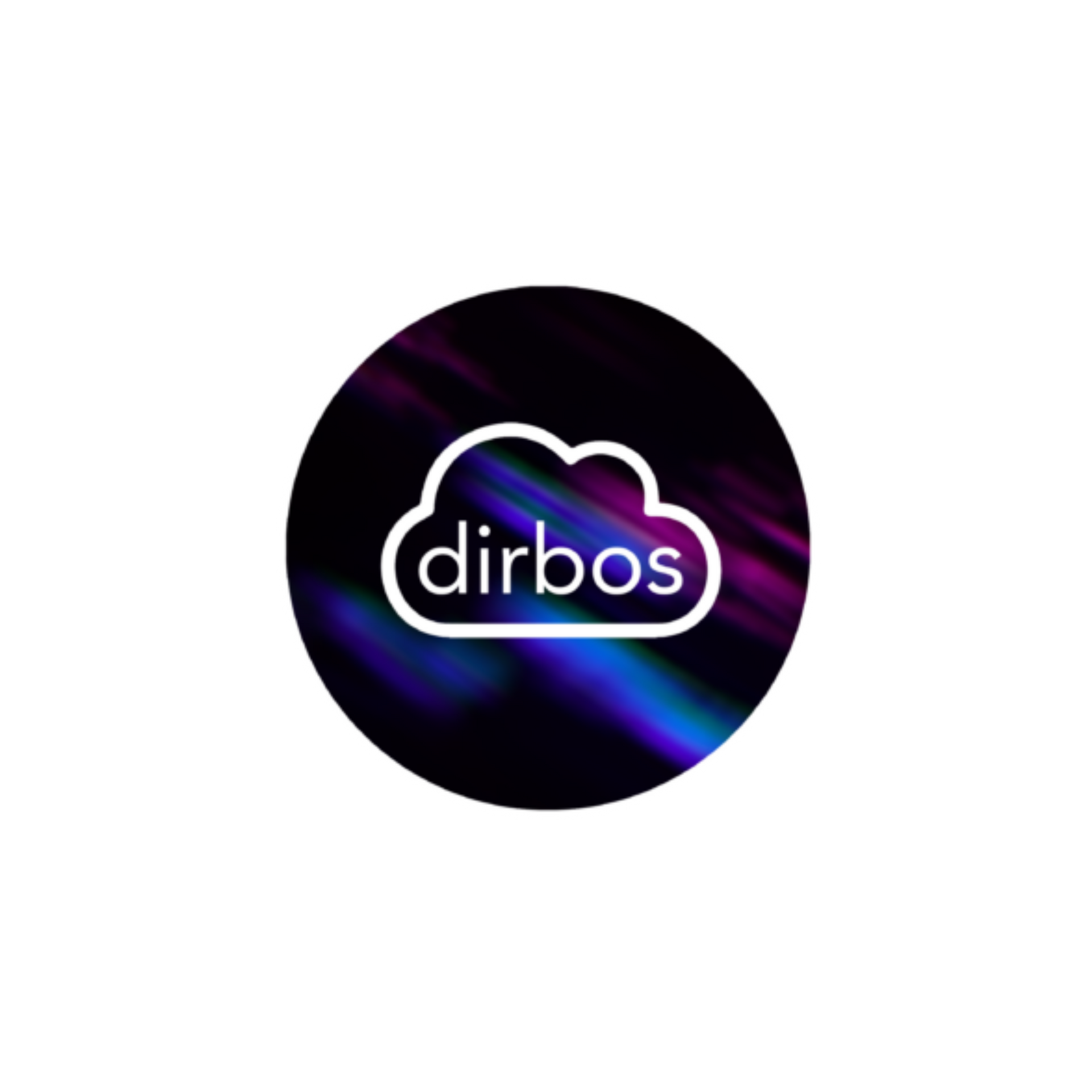Dirbos logo: white cloud outline over a dark circular background with purple and blue streaks