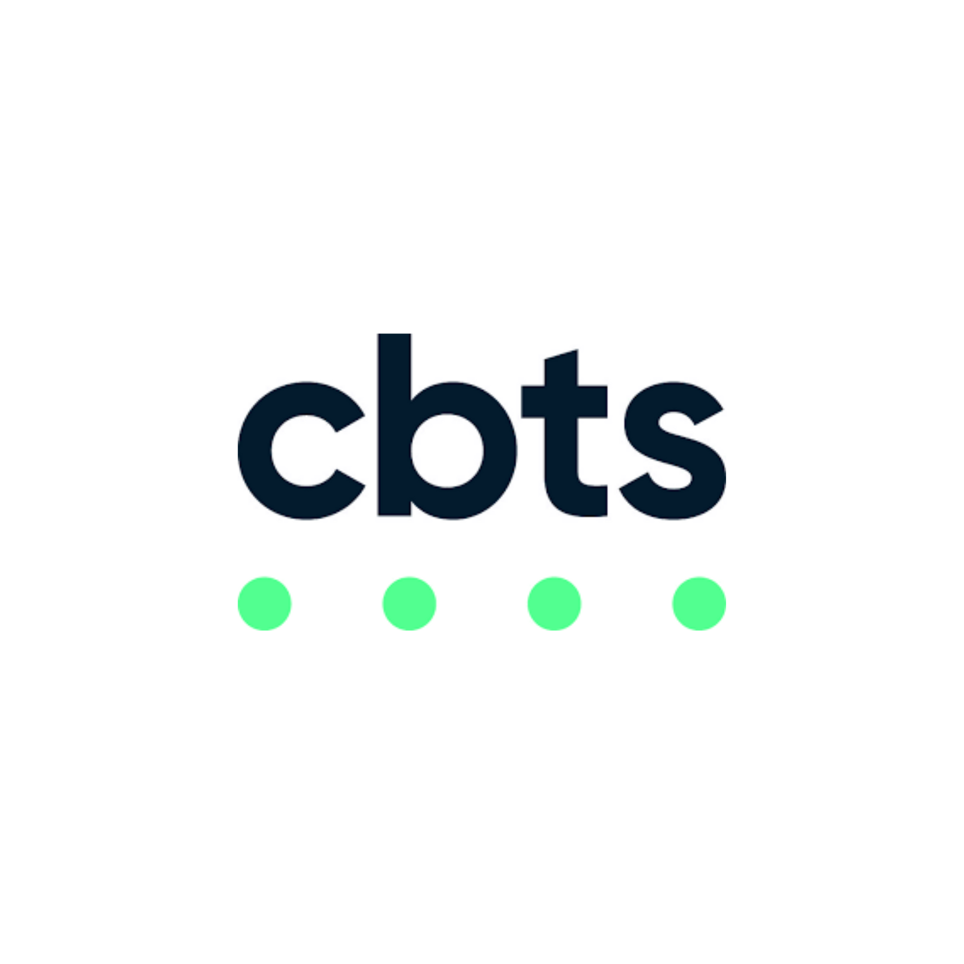Cbts logo in dark navy with four green dots underneath on a white background