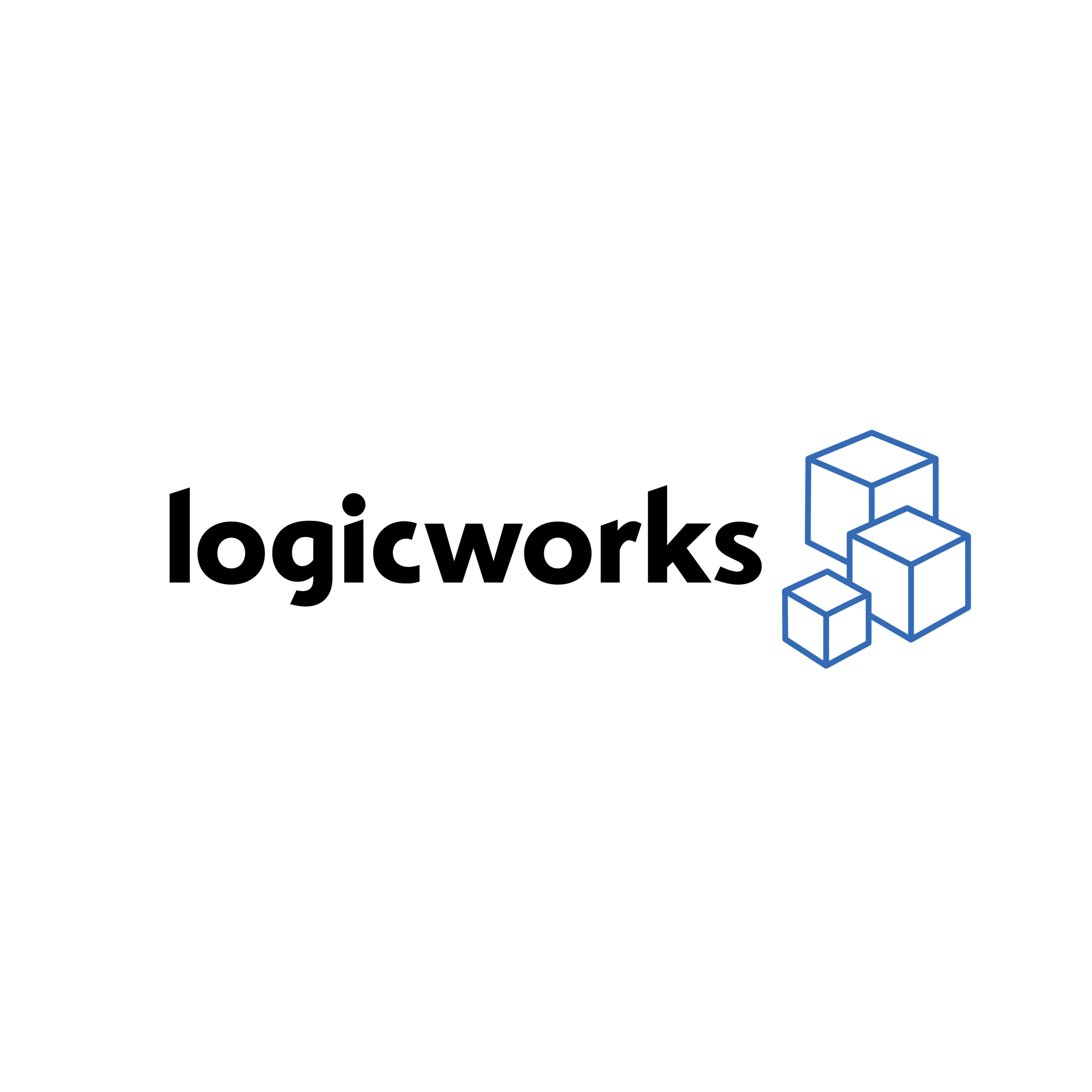 Logicworks logo in black lowercase text with blue outlined cube icon