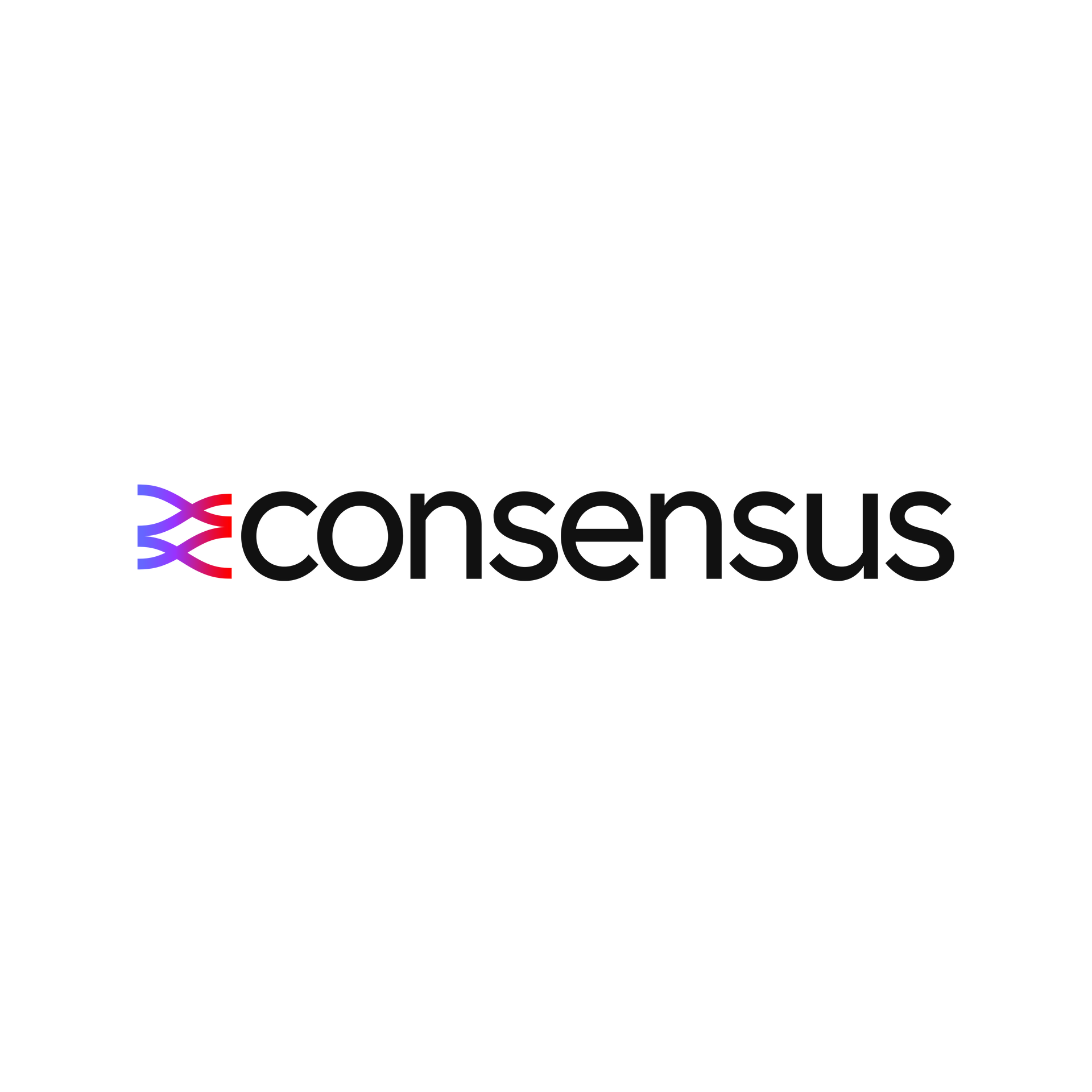 Consensus logo in black with a purple and red icon on a white background