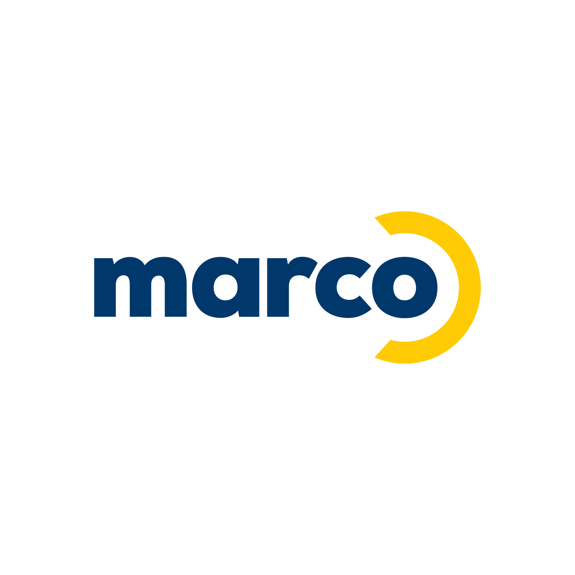 Marco logo in dark blue with a yellow crescent-shaped mark on a white background