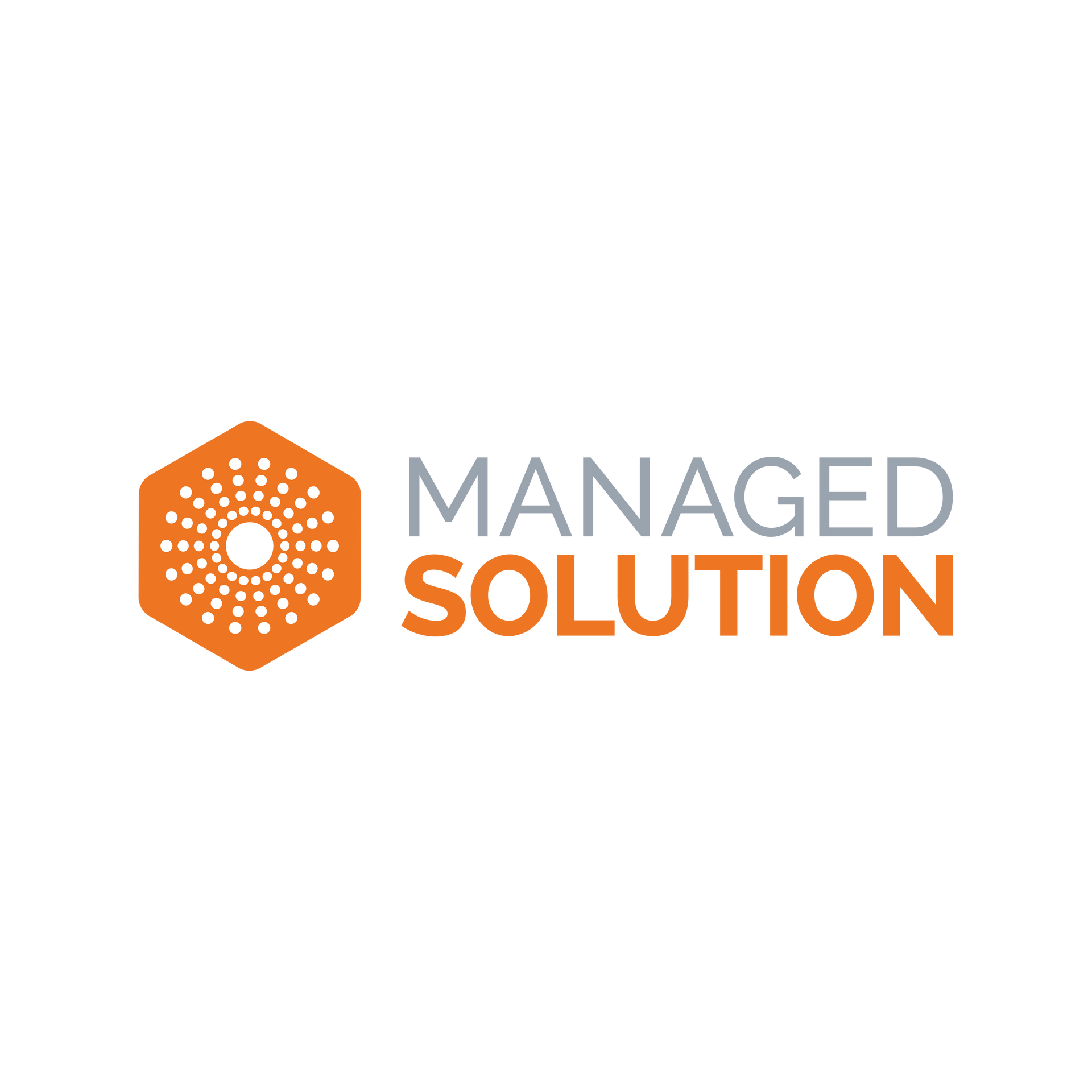 Managed Solution logo with orange hexagon icon and gray-and-orange text on white background