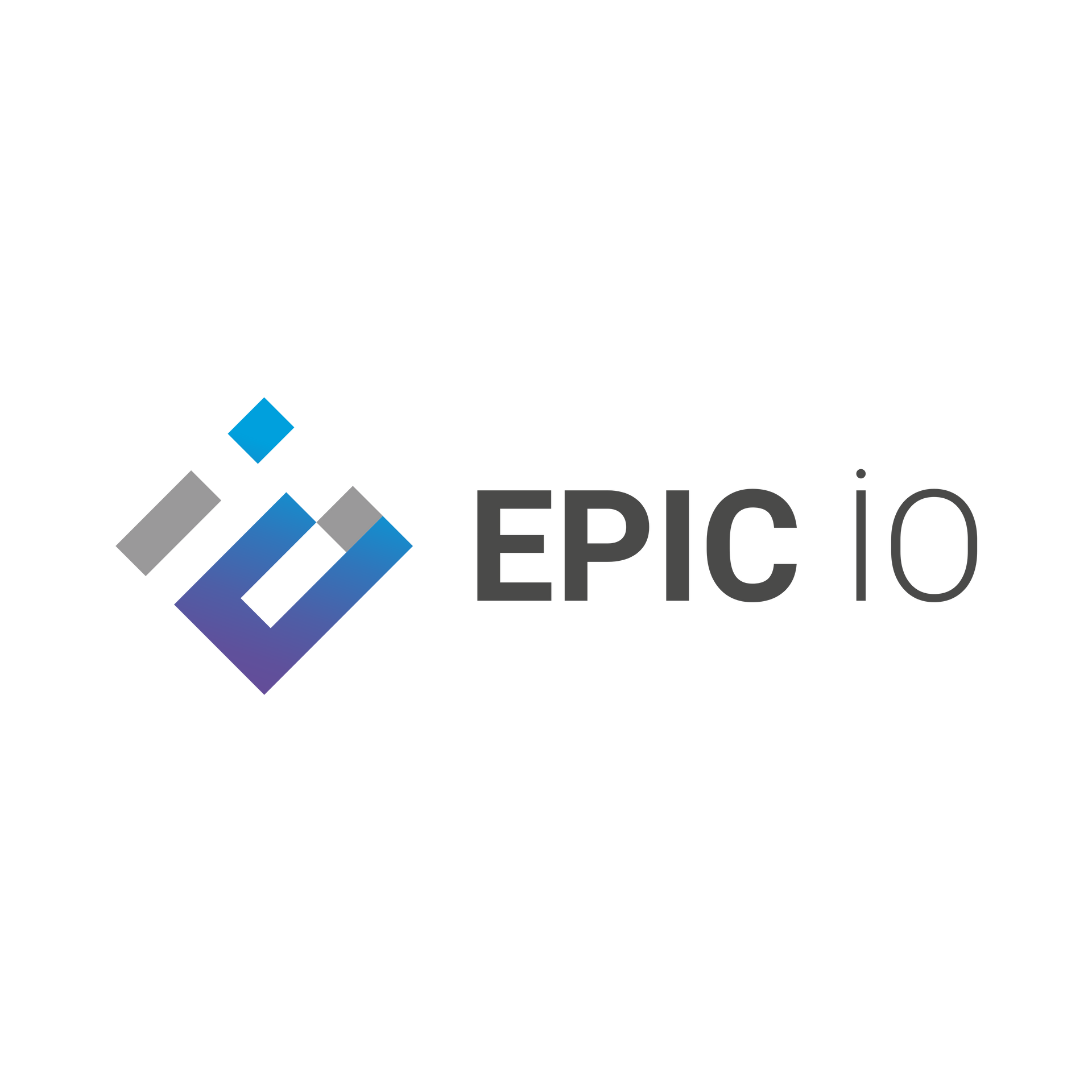 EPIC IO logo with gray and blue geometric icon and text on white background
