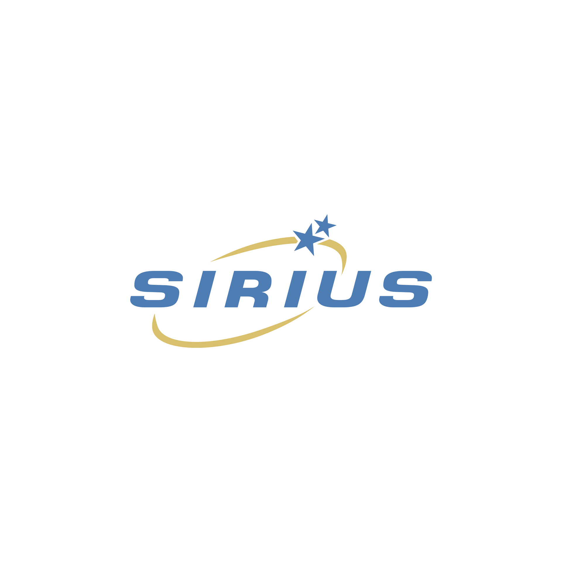 Sirius logo in blue with a gold swoosh and stars on a white background