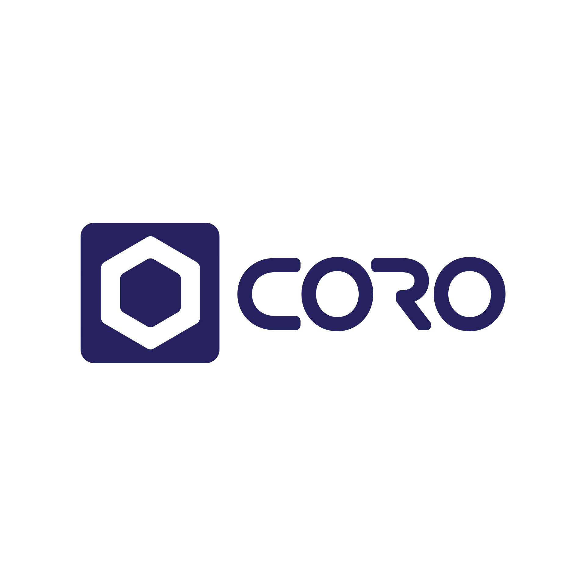 Coro logo in navy, with a hexagon icon and the word “CORO” on a white background