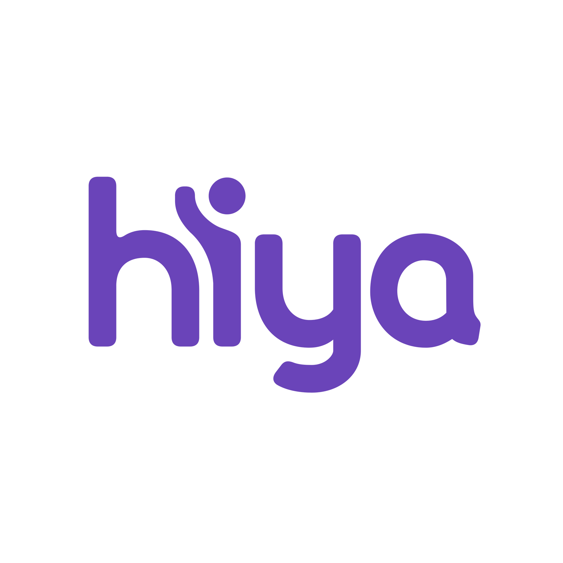 Purple “hiya” logo in rounded lowercase letters on a white background