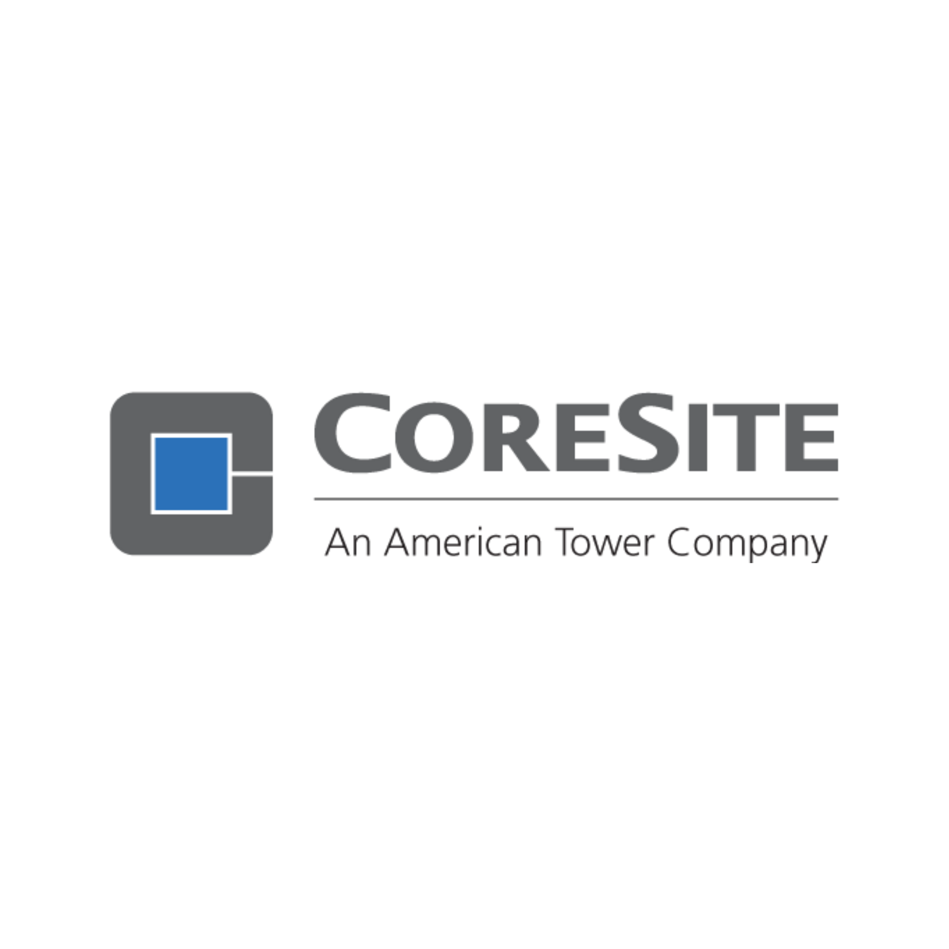 CoreSite logo with gray text, blue square icon, and tagline “An American Tower Company”