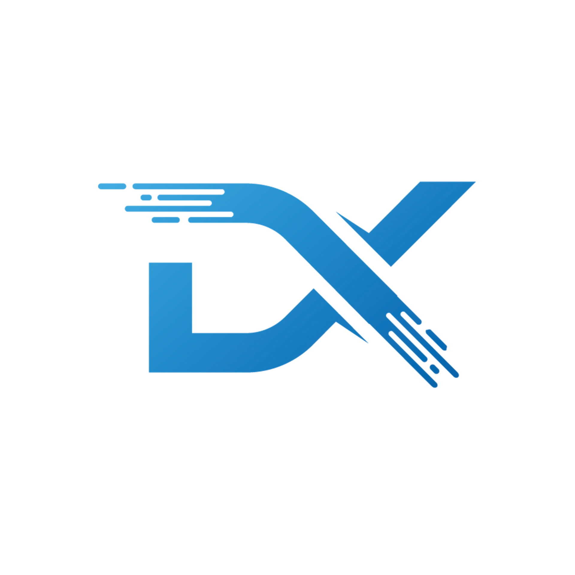 Blue stylized DX logo with a diagonal streak effect on a white background