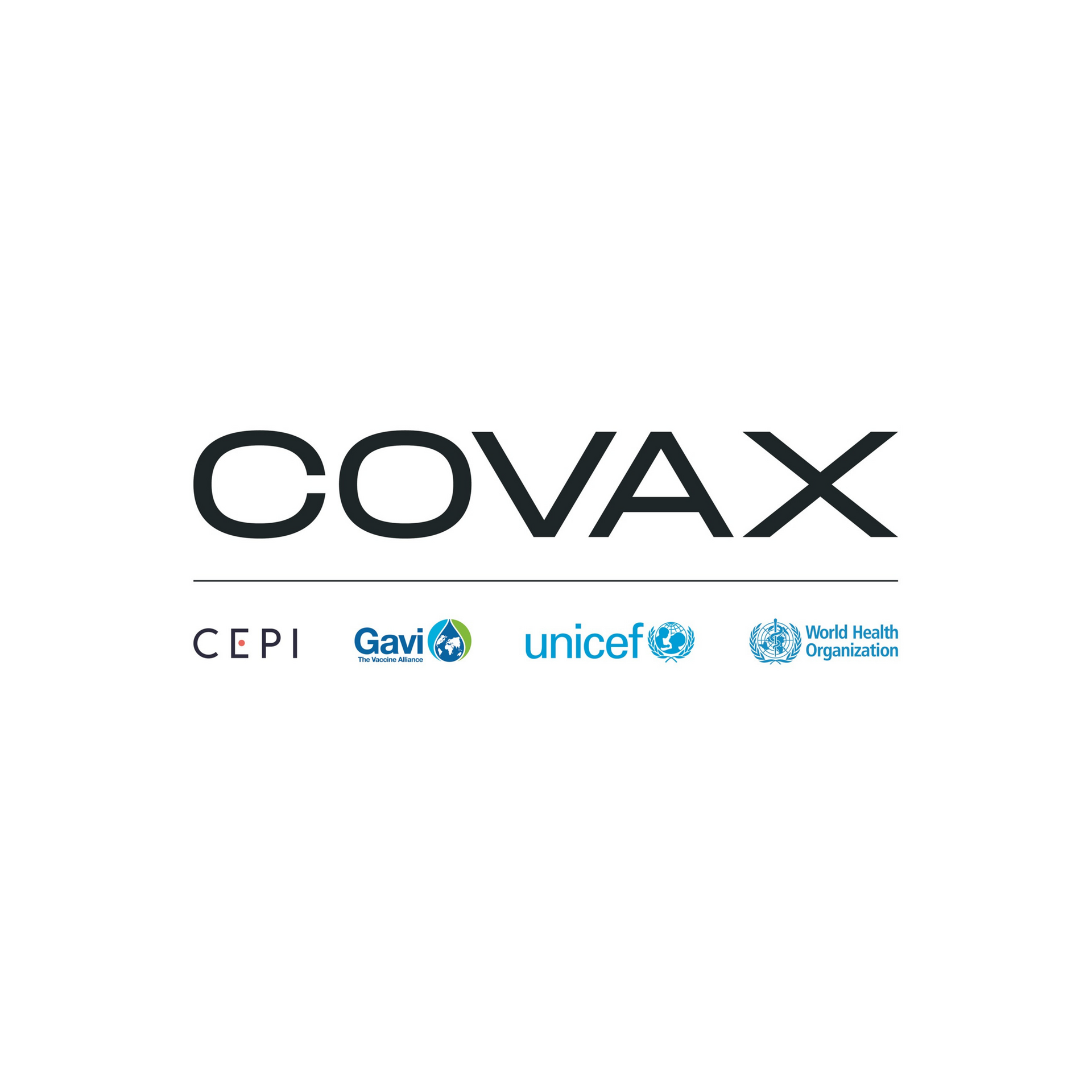 COVAX logo with CEPI, Gavi, UNICEF, and World Health Organization logos beneath it