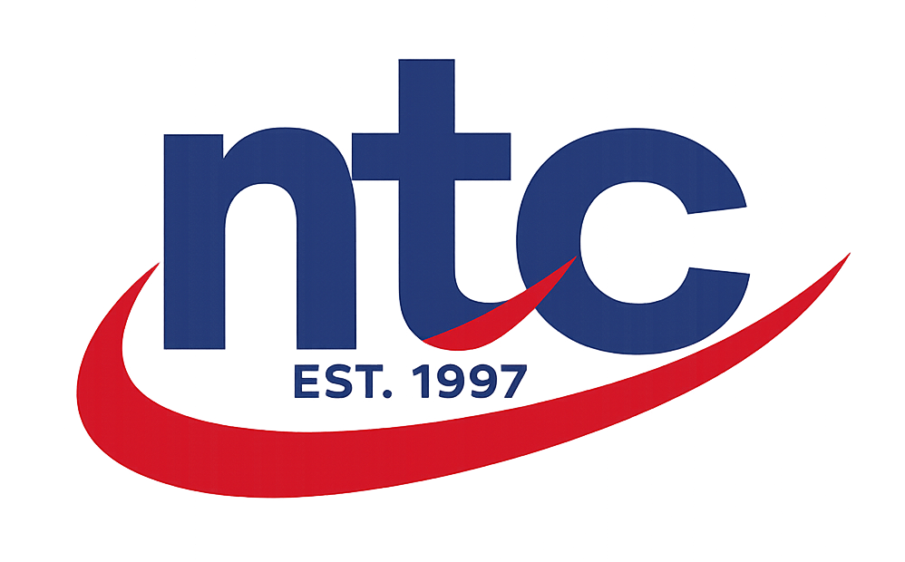 Caliber Solutions Ntc logo in blue with red swoosh and “EST. 1997” text