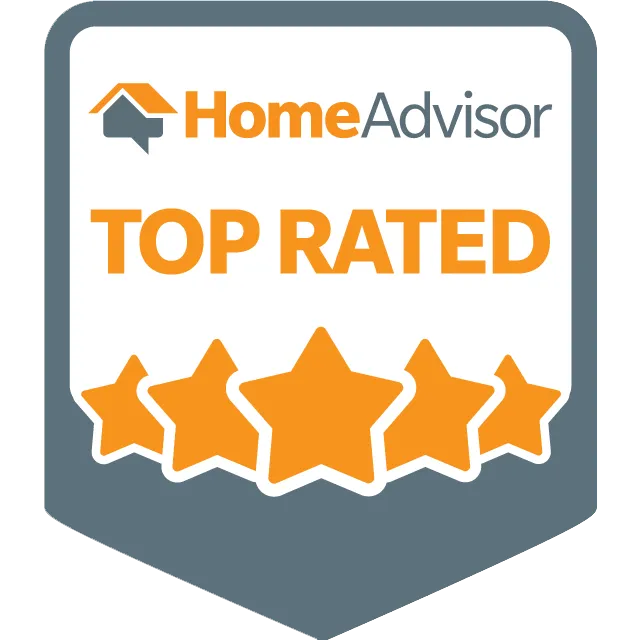 HomeAdvisor Top Rated badge featuring orange text and five filled-in stars on a dark gray shield background.