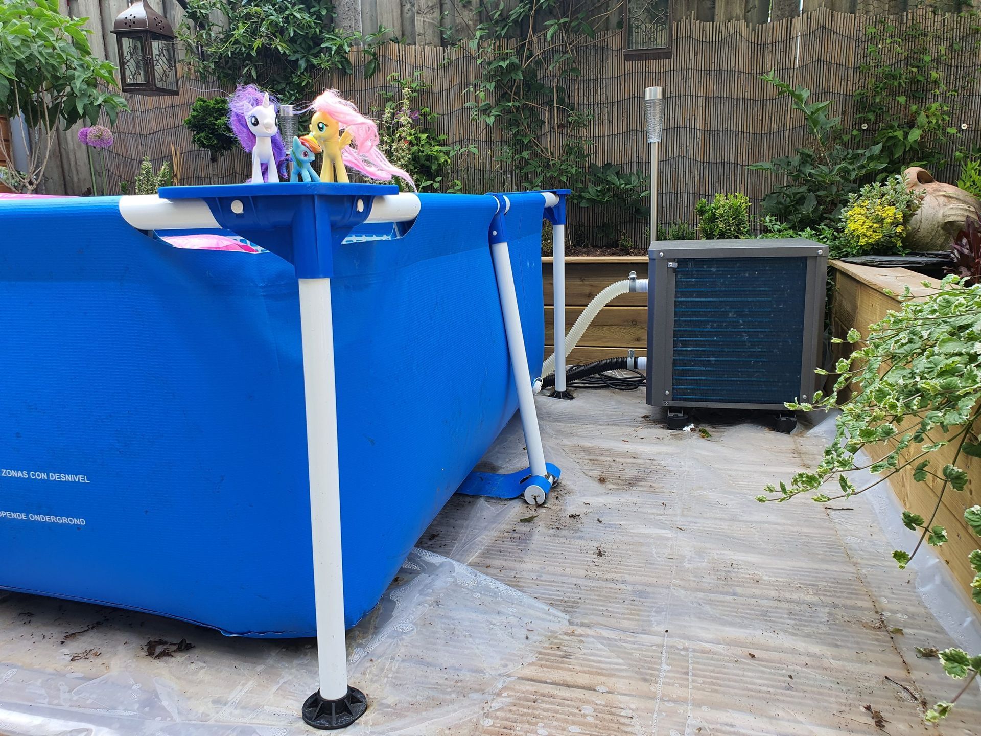 Een blauw zwembad met een pony erop