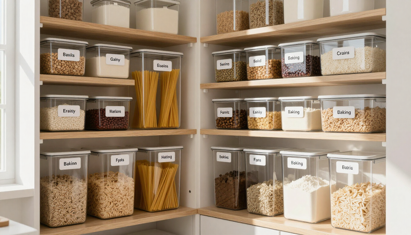A neatly organized pantry in a Naperville home featuring clear containers and specialized storage solutions.