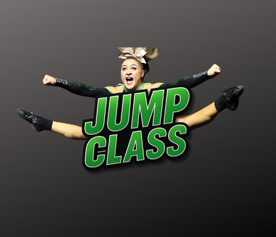 Three young cheerleaders in front of blue, glittery background. One standing, smiling; two doing cartwheels.