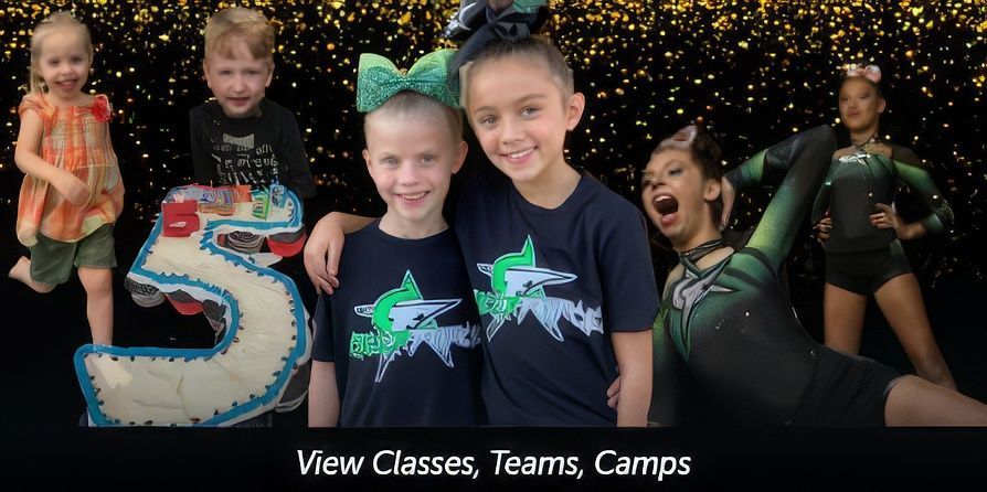 Children in various poses, including cheerleading, with a 