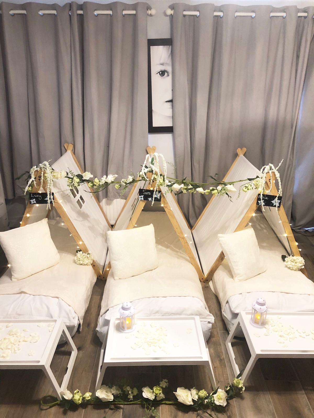 Love and Laugh Parties wedding elegance, white themed Sleepover tent party in Reading, Berkshire
