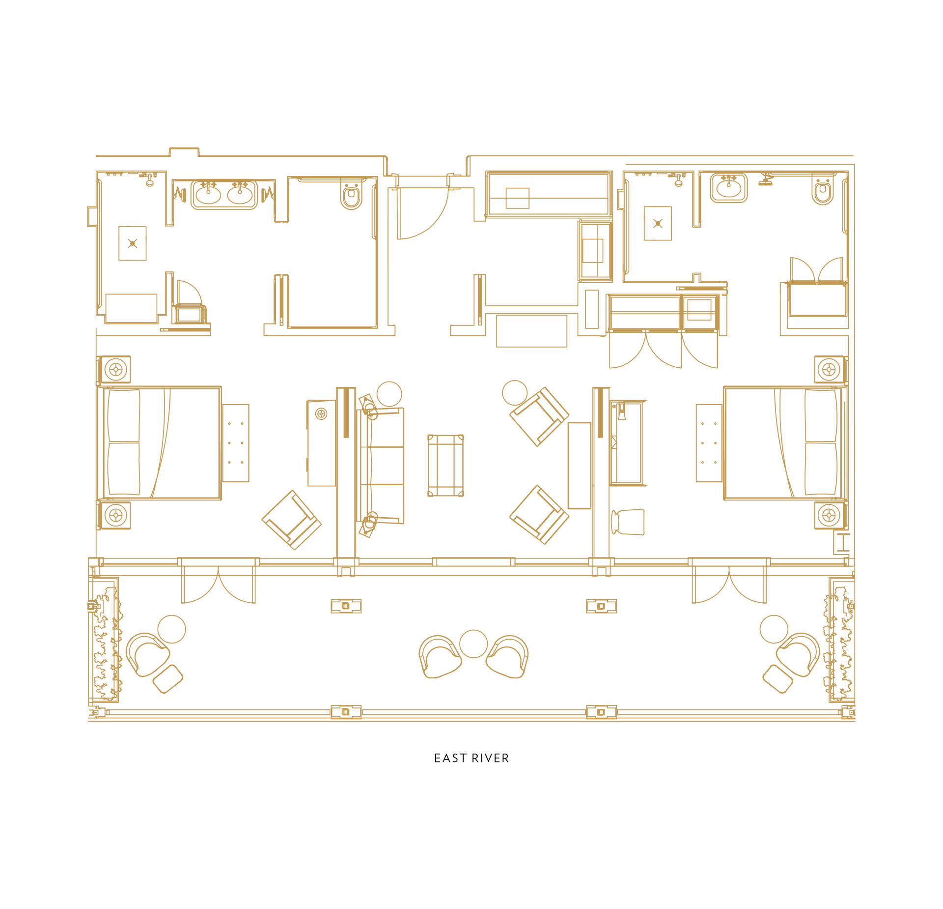 A floor plan of a house with a lot of furniture and a balcony.