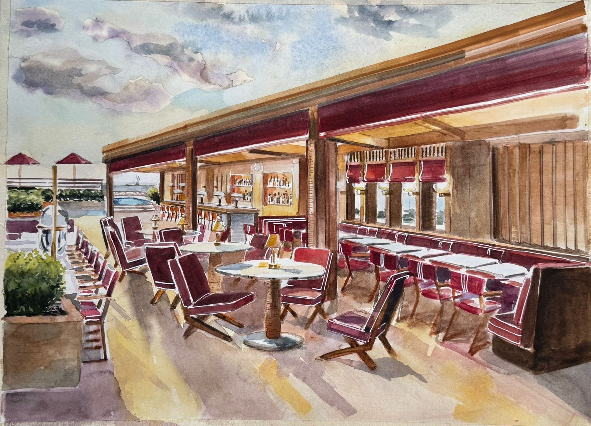 A watercolor painting of a restaurant with tables and chairs