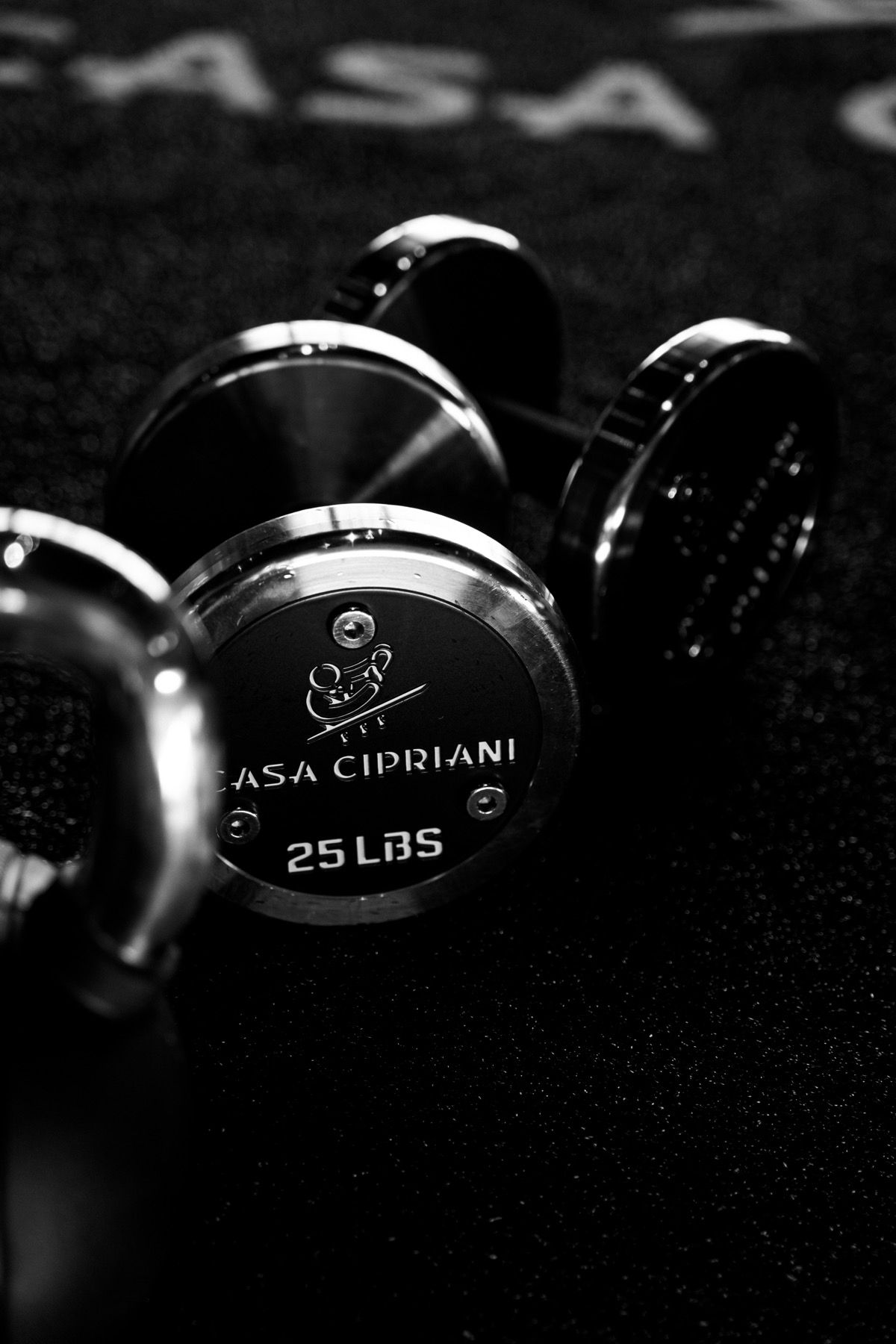 A black and white photo of a pair of 25 lbs dumbbells