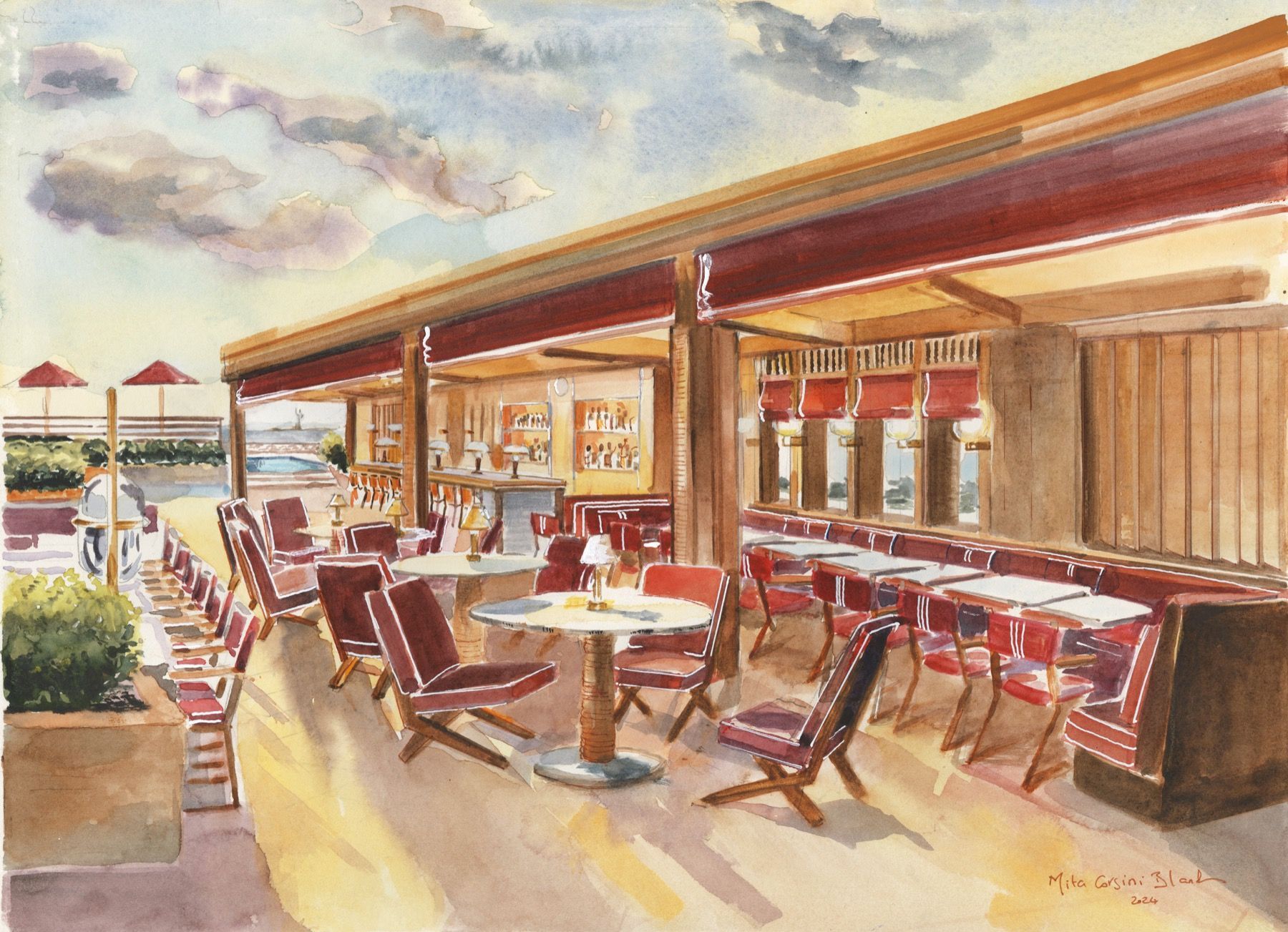 A watercolor painting of a restaurant with tables and chairs