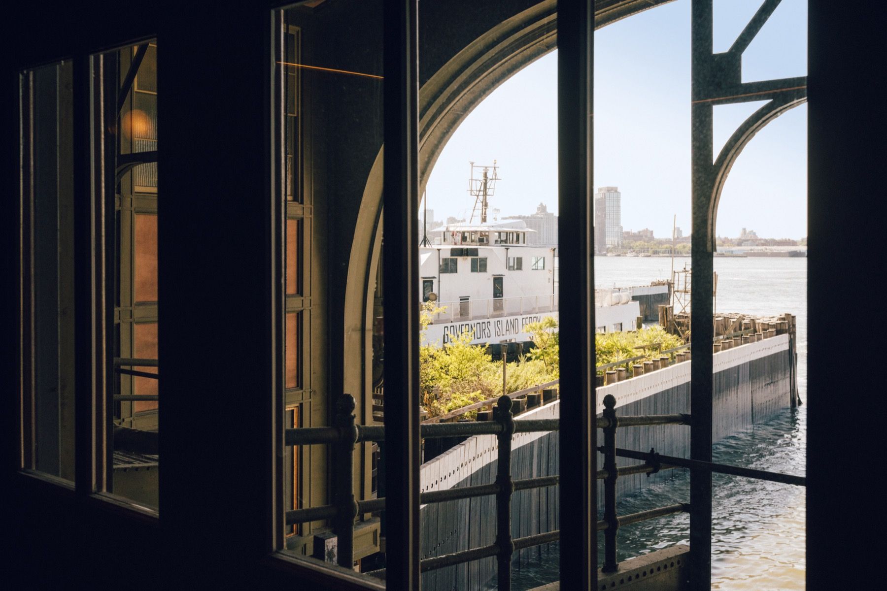 A view of a body of water through a window.